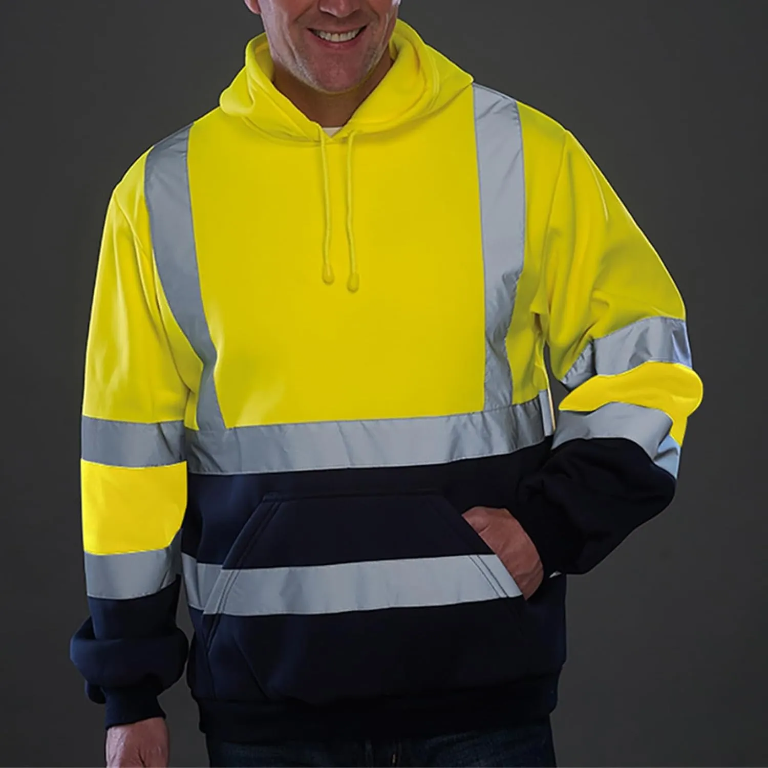 Mmoneyake Mens High Visibility Reflective Hoodies Class 3 Work Construction Safety Pullover Hooded Sweatshirt Hi-Viz Workwear