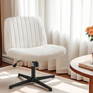 Modern Armless Criss Cross Office Chair, Wide Comfy Vanity Chair with Back, Adjustable Height, Beige Cloth Stripe
