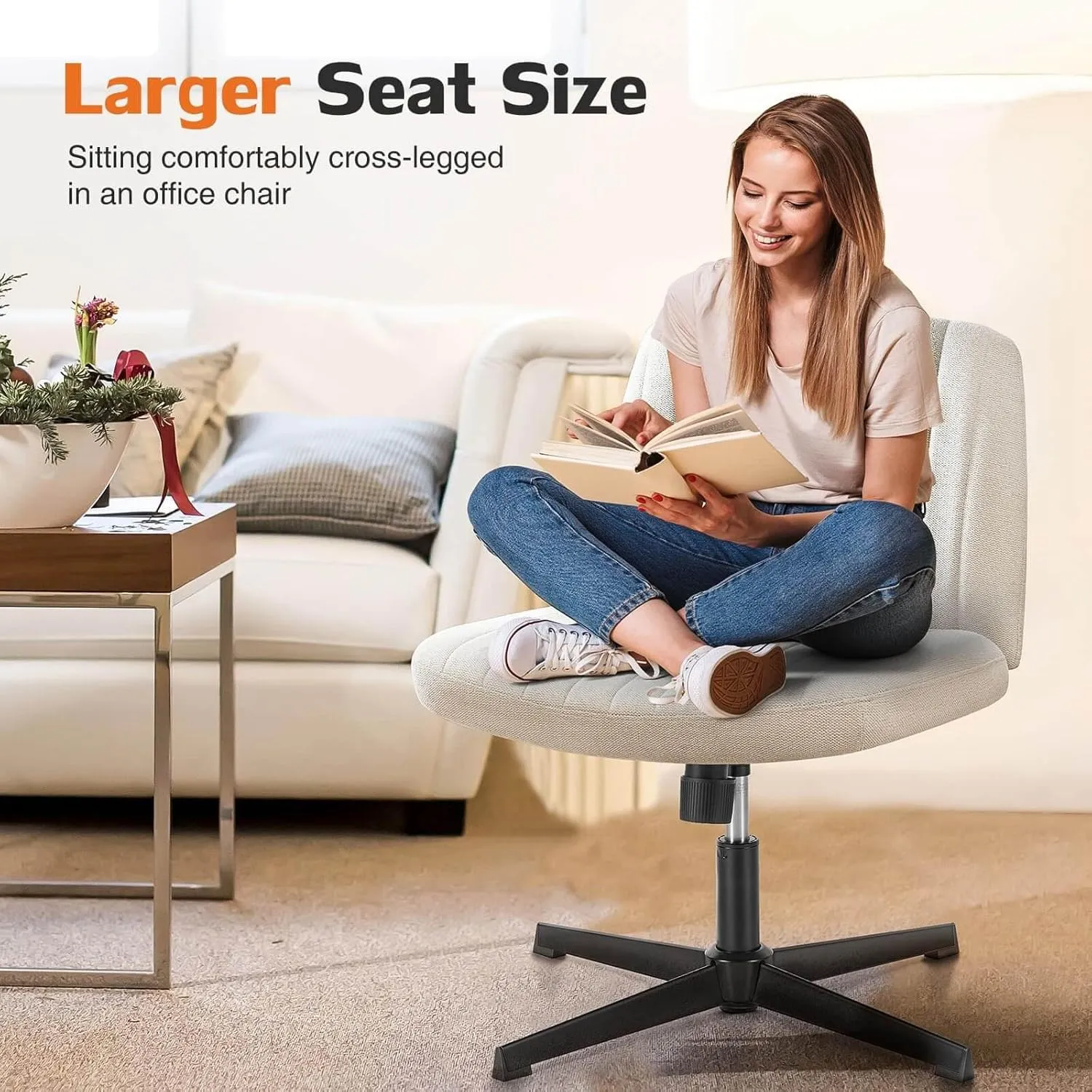 Modern Armless Criss Cross Office Chair, Wide Comfy Vanity Chair with Back, Adjustable Height, Beige Cloth Stripe