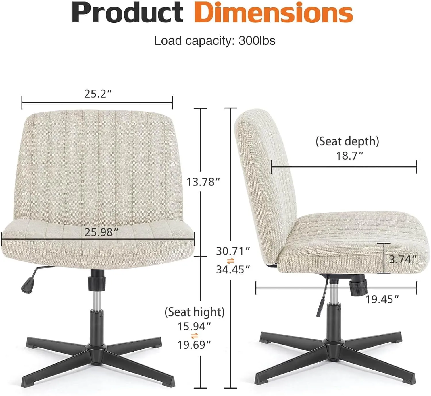 Modern Armless Criss Cross Office Chair, Wide Comfy Vanity Chair with Back, Adjustable Height, Beige Cloth Stripe