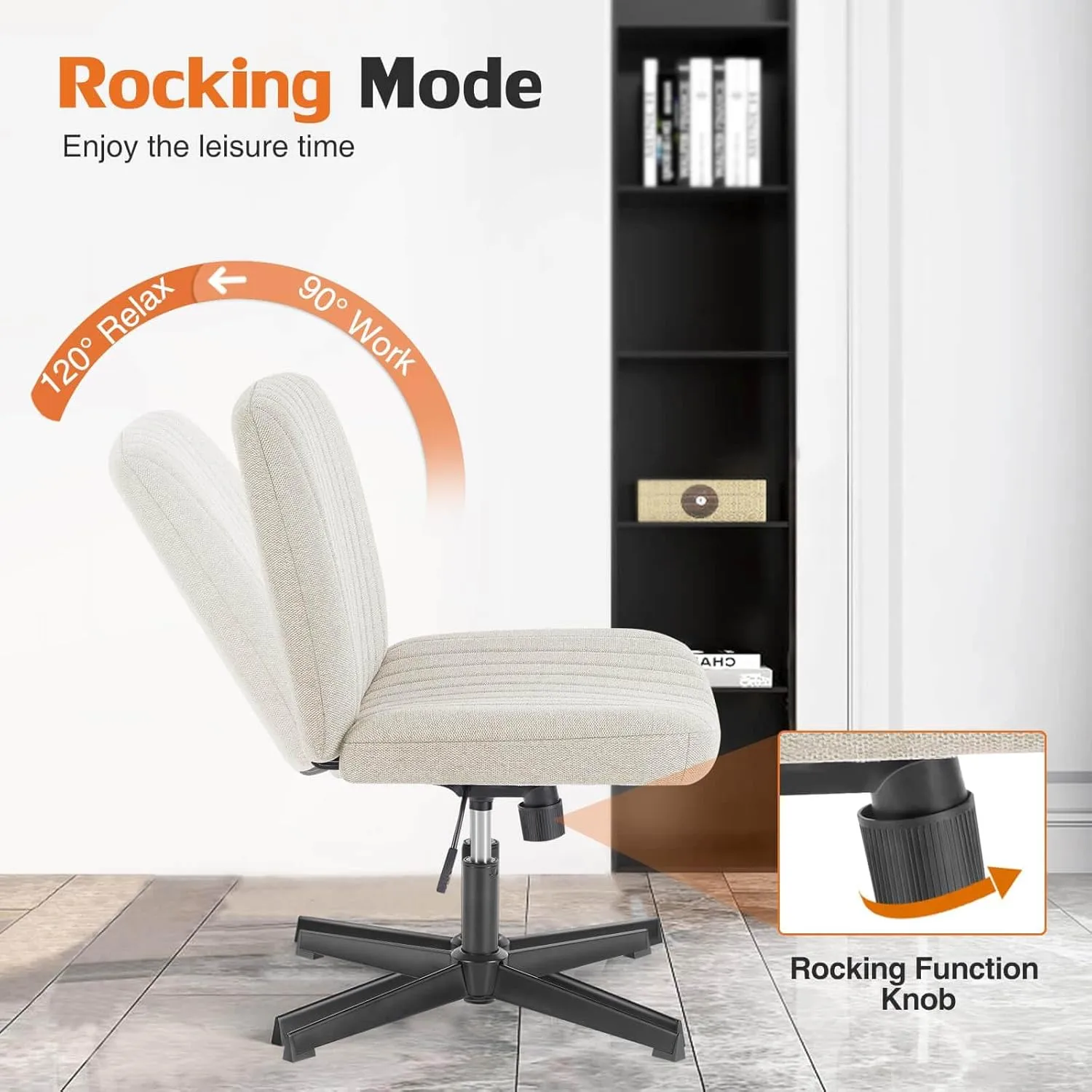 Modern Armless Criss Cross Office Chair, Wide Comfy Vanity Chair with Back, Adjustable Height, Beige Cloth Stripe