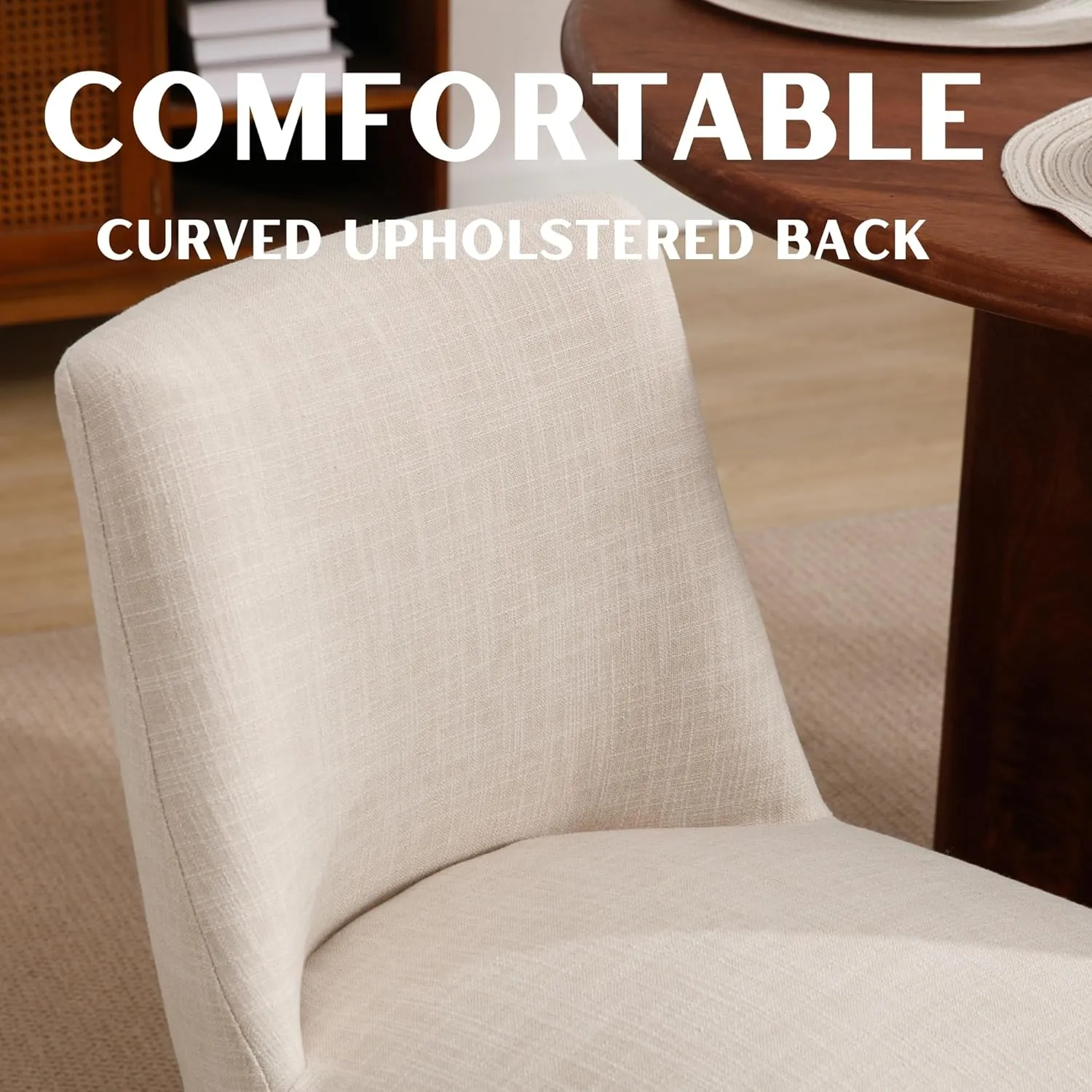 Modern Dining Chairs Set of 6, Comfortable Dining Room Chairs with Back, Linen Fabric Upholstered Kitchen Side Chairs with Wood Legs for Living Room, Beige