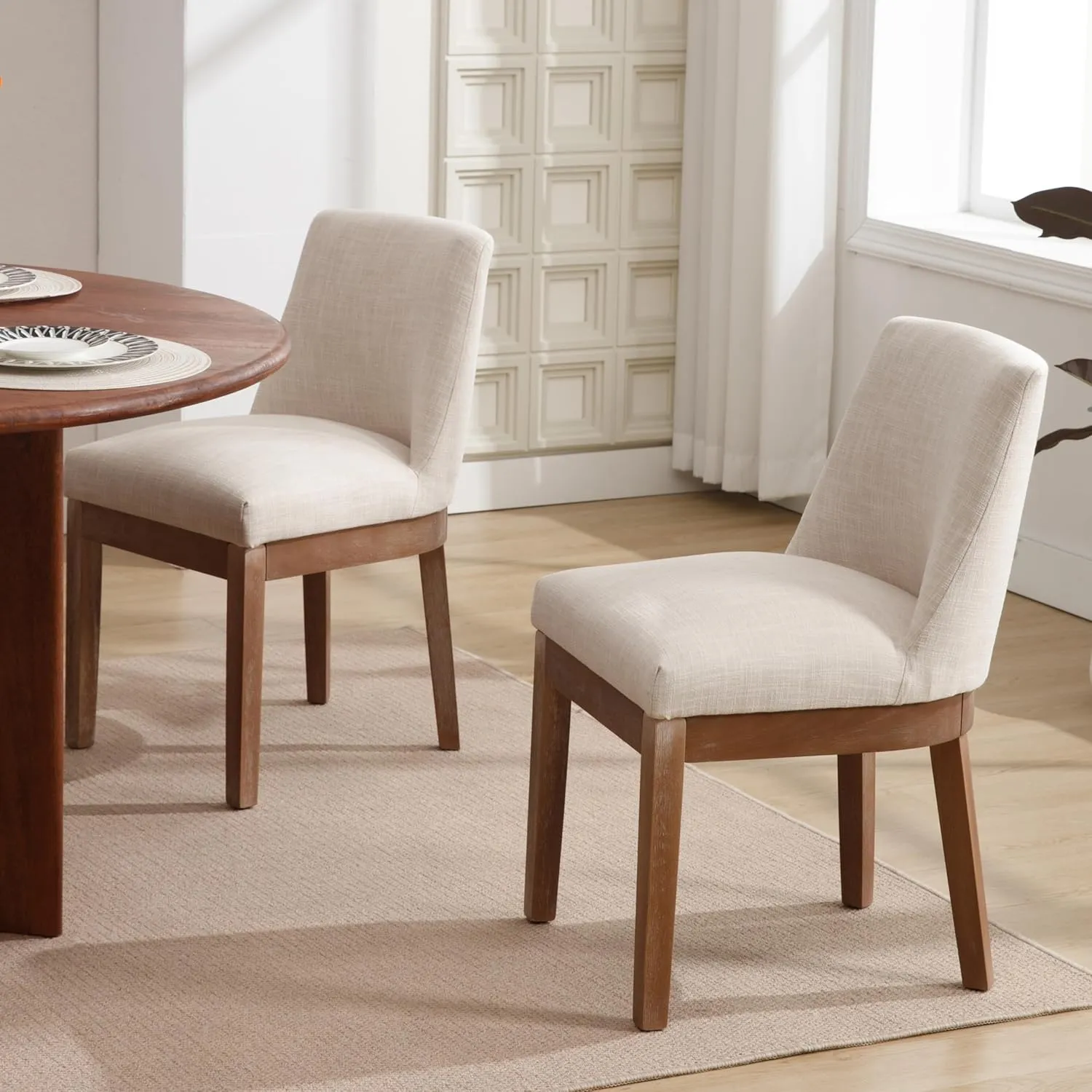 Modern Dining Chairs Set of 6, Comfortable Dining Room Chairs with Back, Linen Fabric Upholstered Kitchen Side Chairs with Wood Legs for Living Room, Beige