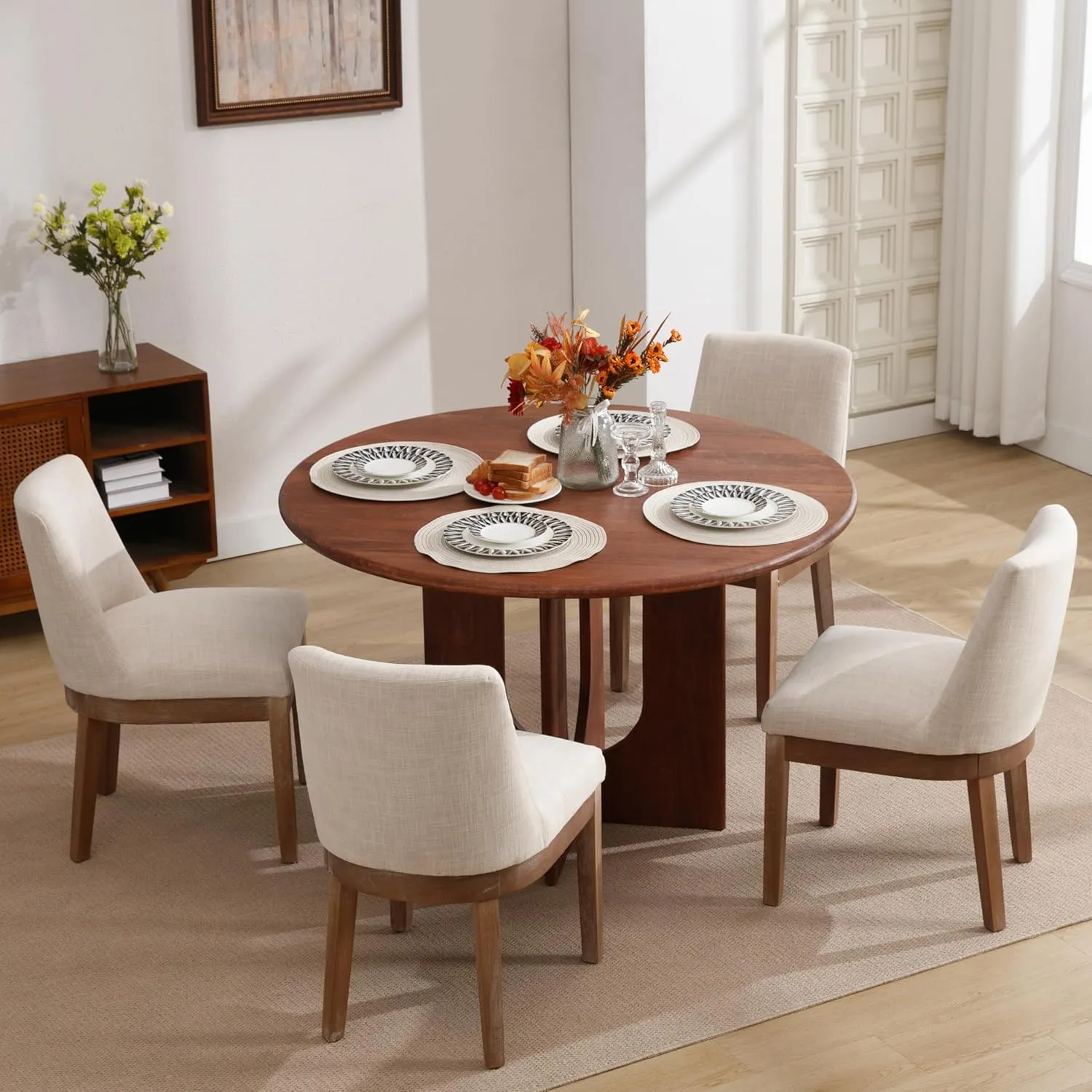 Modern Dining Chairs Set of 6, Comfortable Dining Room Chairs with Back, Linen Fabric Upholstered Kitchen Side Chairs with Wood Legs for Living Room, Beige