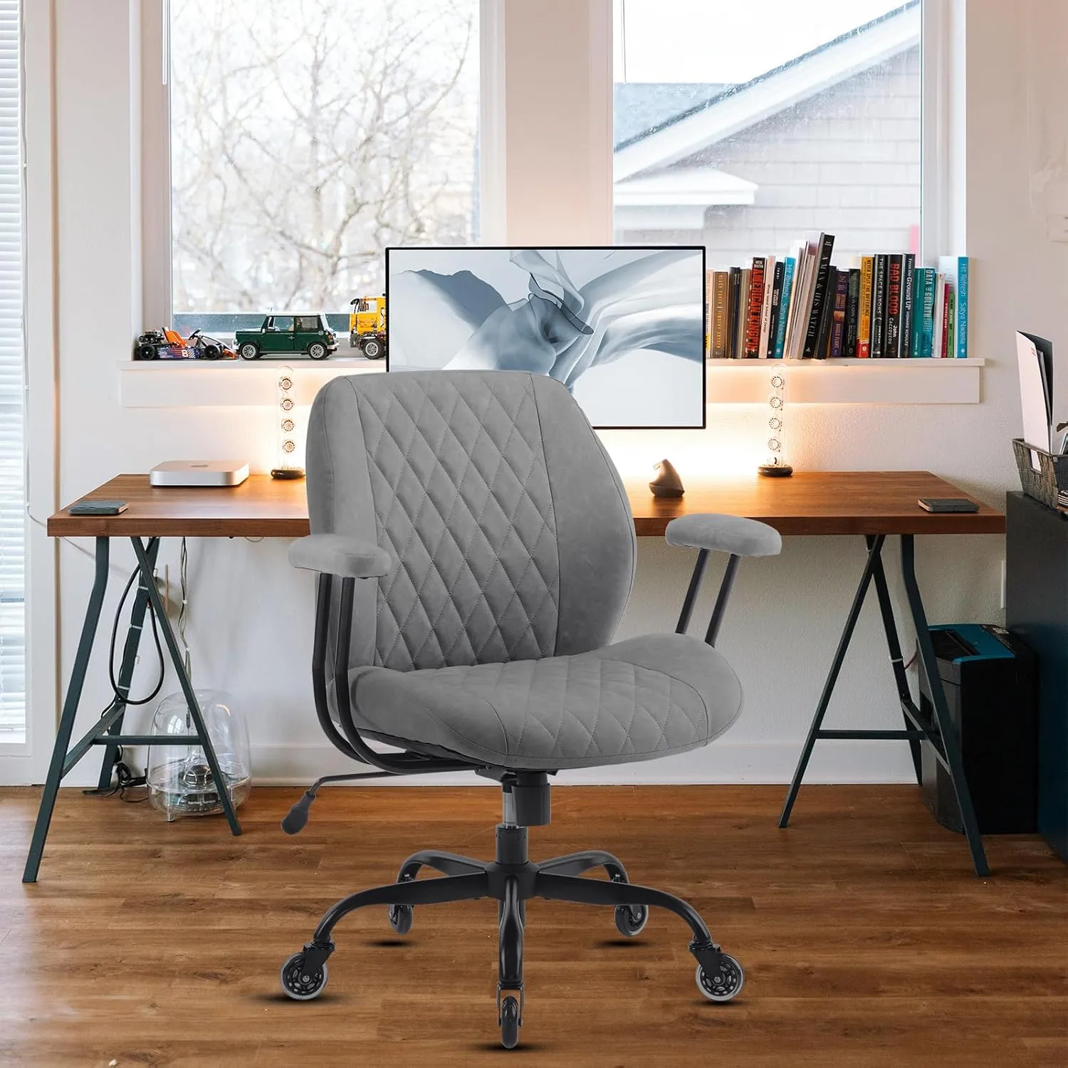 Modern Ergonomic Office Desk Chair, Grey Leather with Lumbar Support, Adjustable Height, Swivel, Armrests, for Office, Gaming, Reading, Relaxing