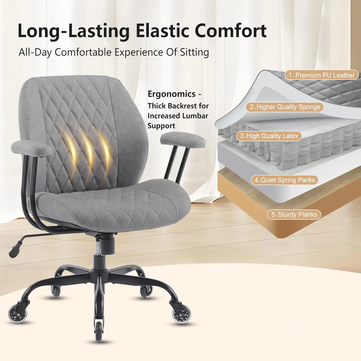 Modern Ergonomic Office Desk Chair, Grey Leather with Lumbar Support, Adjustable Height, Swivel, Armrests, for Office, Gaming, Reading, Relaxing