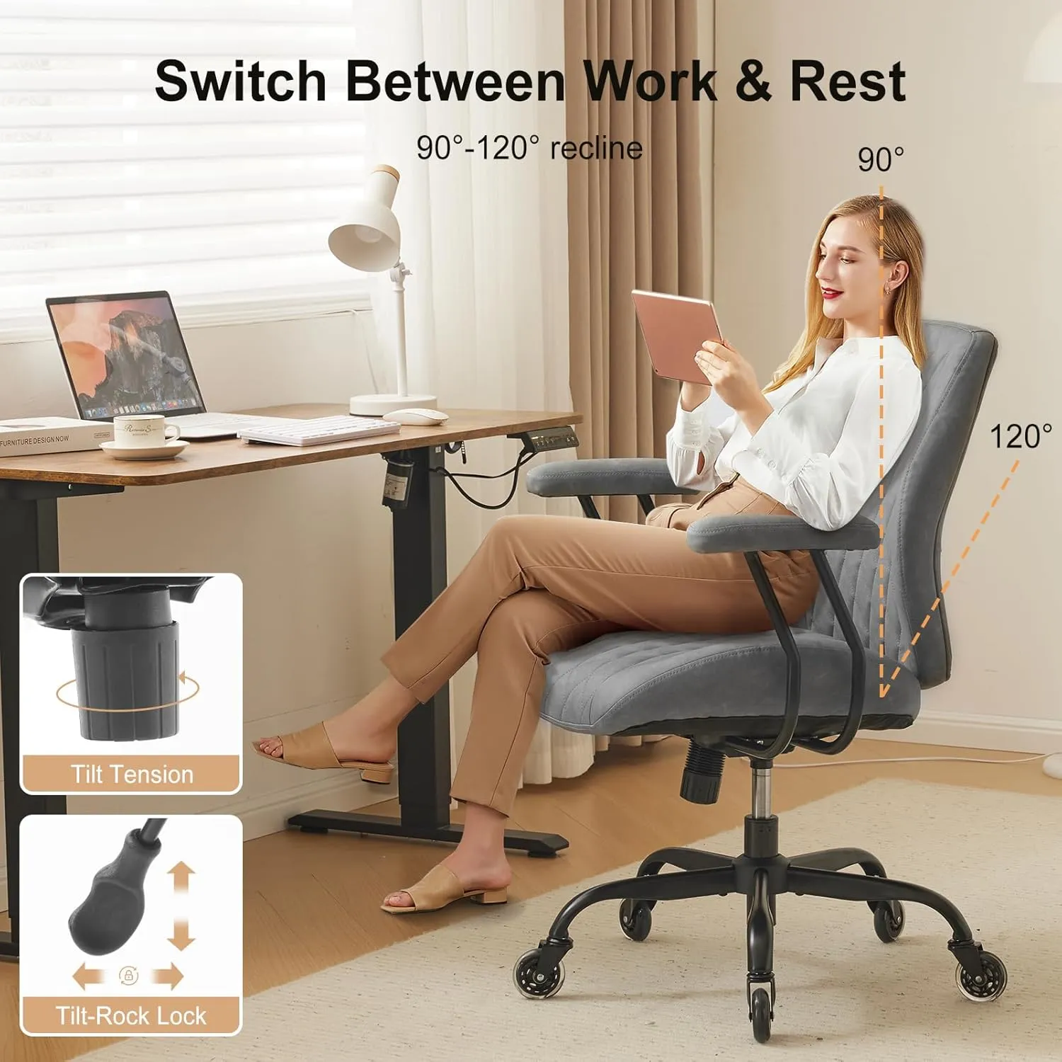 Modern Ergonomic Office Desk Chair, Grey Leather with Lumbar Support, Adjustable Height, Swivel, Armrests, for Office, Gaming, Reading, Relaxing