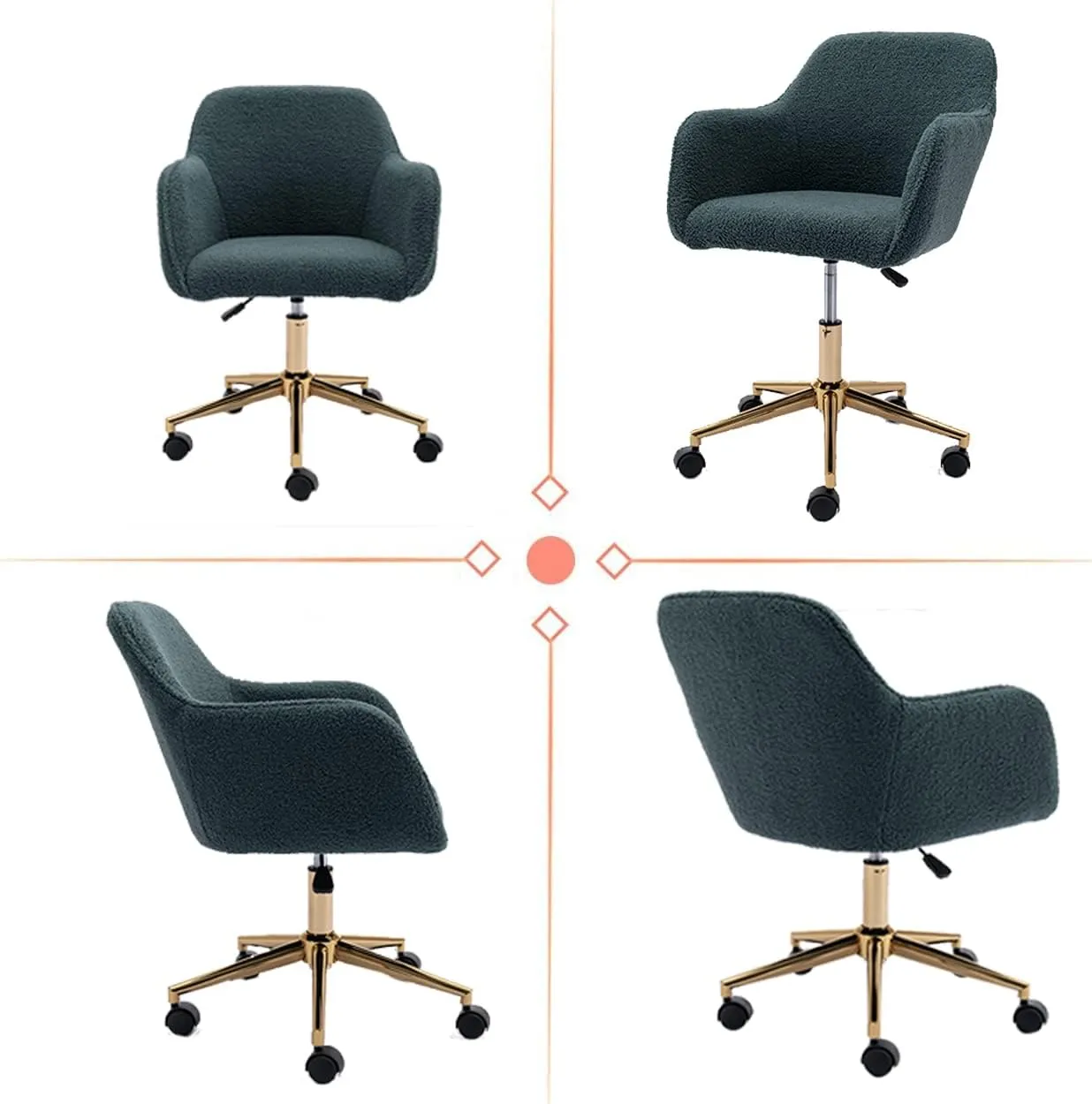 Modern Faux Fur Home Office Chair, Upholstered Elegant Makeup Vanity Chair for Teen Girls Swivel Desk Chair with Gold Base, Height Adjustable Leisure Swivel Office Chair, Green