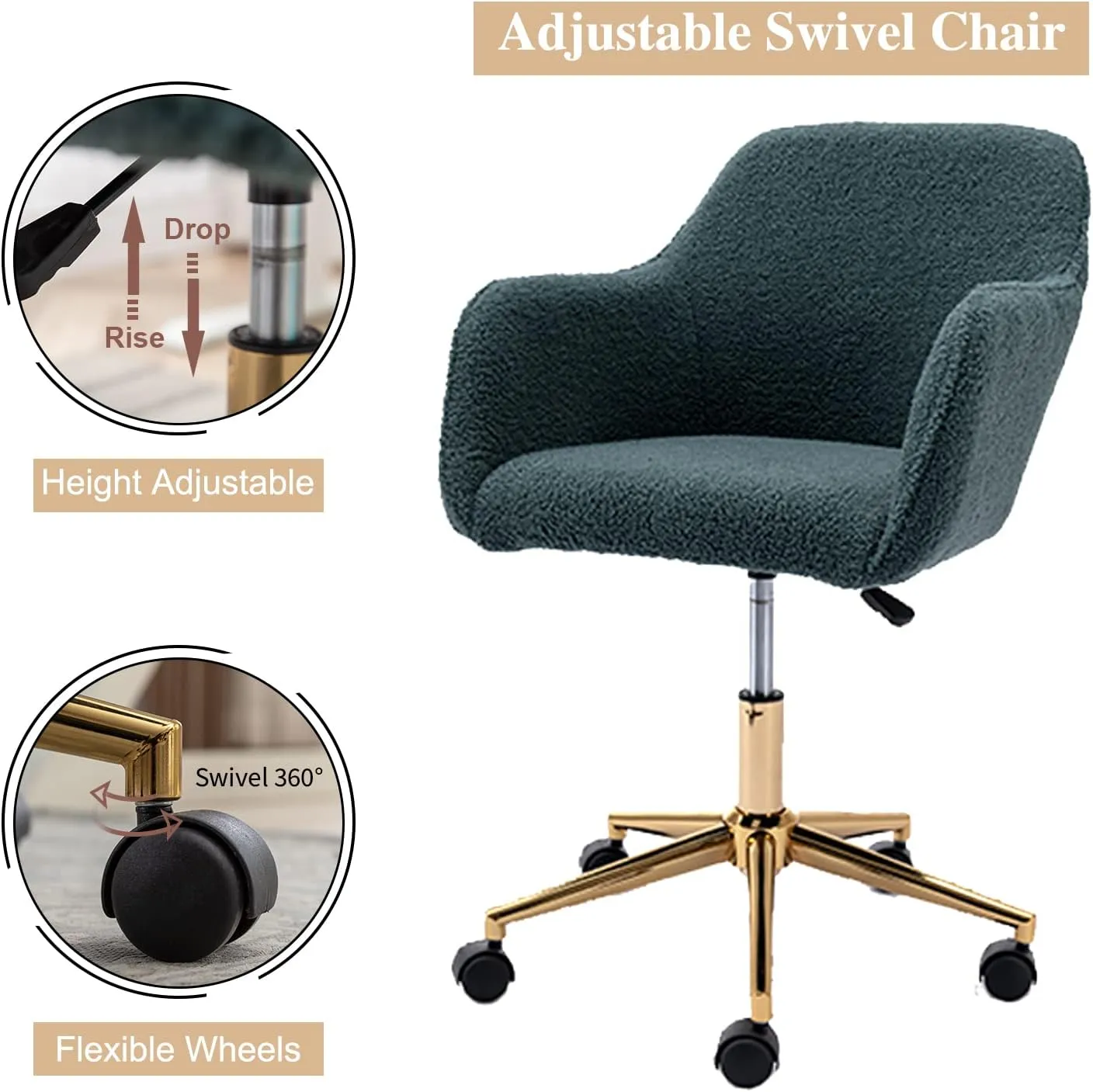 Modern Faux Fur Home Office Chair, Upholstered Elegant Makeup Vanity Chair for Teen Girls Swivel Desk Chair with Gold Base, Height Adjustable Leisure Swivel Office Chair, Green