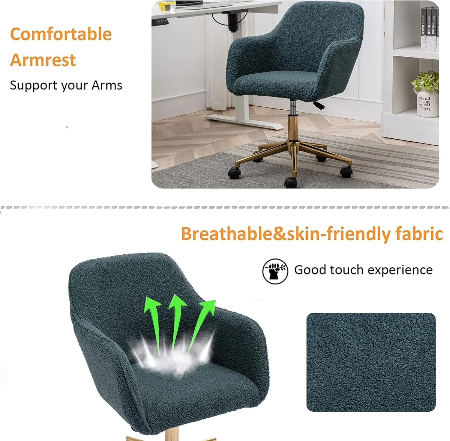 Modern Faux Fur Home Office Chair, Upholstered Elegant Makeup Vanity Chair for Teen Girls Swivel Desk Chair with Gold Base, Height Adjustable Leisure Swivel Office Chair, Green