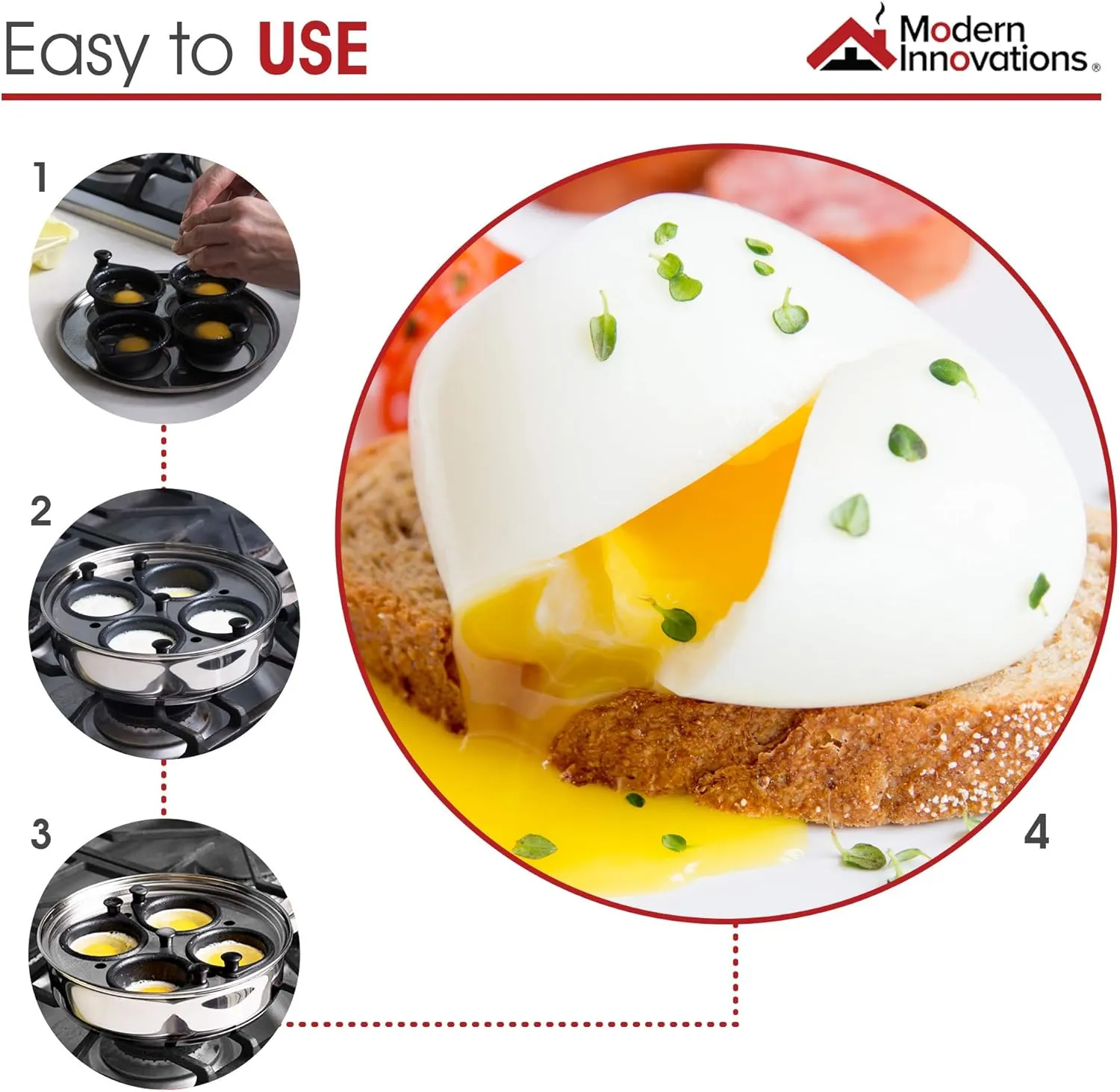 Modern Innovations Egg Poacher Pan for Perfect Poached Eggs, Nonstick Cups Poached Egg Maker Pan, Stainless Steel Easy Egg Cooker, Poaching Eggs Benedict Maker, Silicone Spatula