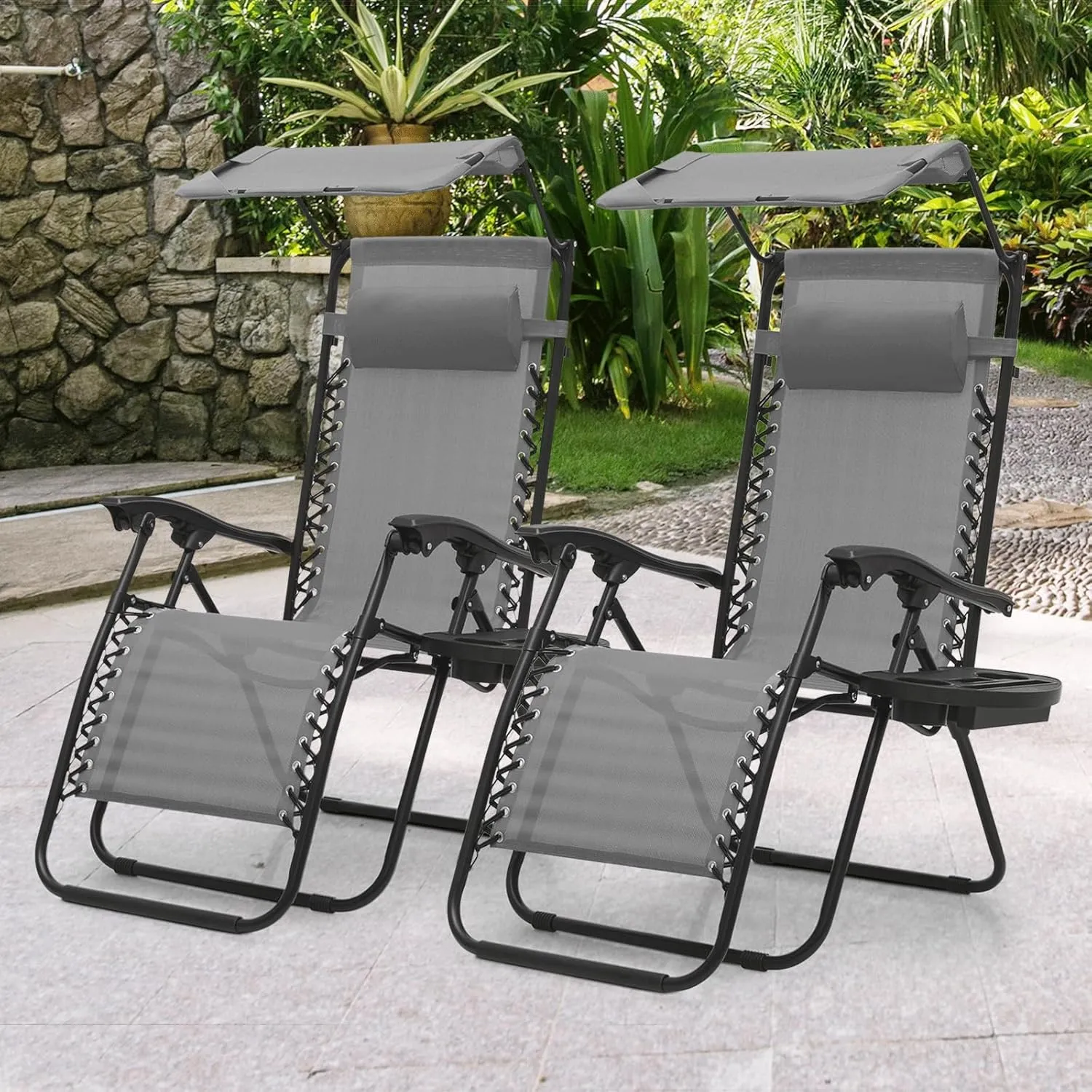 MoNiBloom Zero Gravity Chair with Canopy Shade, Patio Anti Gravity Recliner, Foldable Outdoor Lounger with Cup Holder Tray and Headrest for Beach Camping, Grey