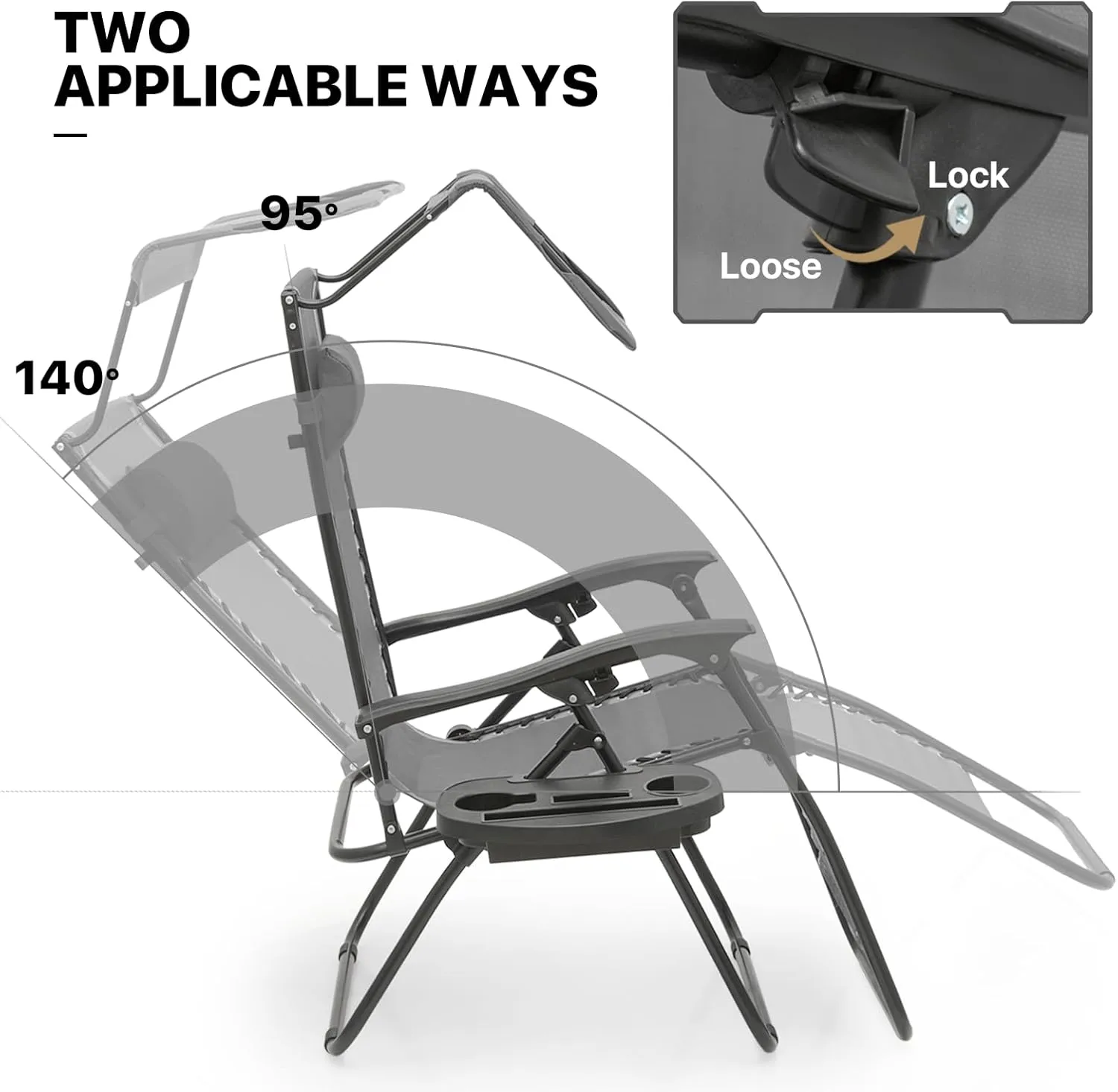MoNiBloom Zero Gravity Chair with Canopy Shade, Patio Anti Gravity Recliner, Foldable Outdoor Lounger with Cup Holder Tray and Headrest for Beach Camping, Grey