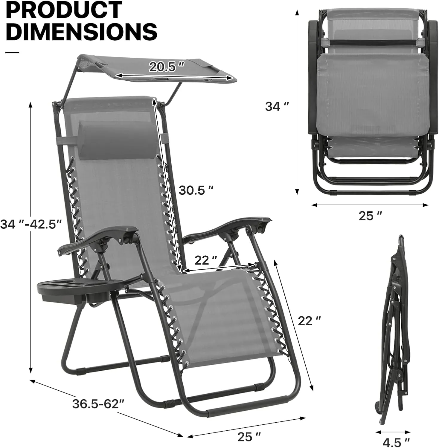 MoNiBloom Zero Gravity Chair with Canopy Shade, Patio Anti Gravity Recliner, Foldable Outdoor Lounger with Cup Holder Tray and Headrest for Beach Camping, Grey