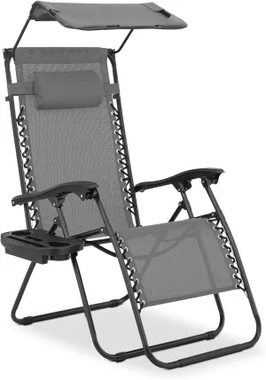 MoNiBloom Zero Gravity Chair with Canopy Shade, Patio Anti Gravity Recliner, Foldable Outdoor Lounger with Cup Holder Tray and Headrest for Beach Camping, Grey