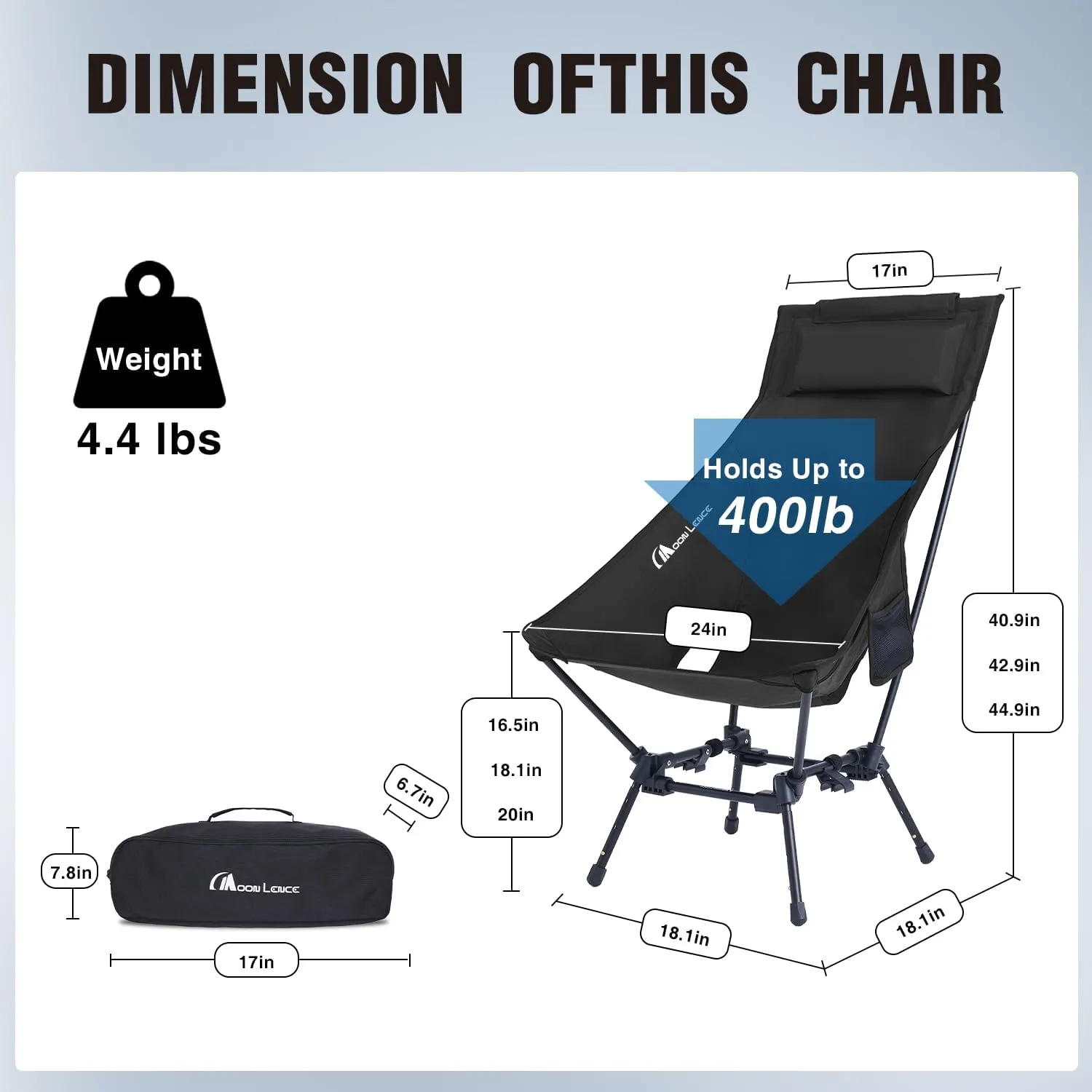 MOON LENCE Portable Camping Chairs for Adults, Adjustable Oversize Beach Chair Lawn Chair with High Back - Large Capacity, Heavy Duty (New Black)