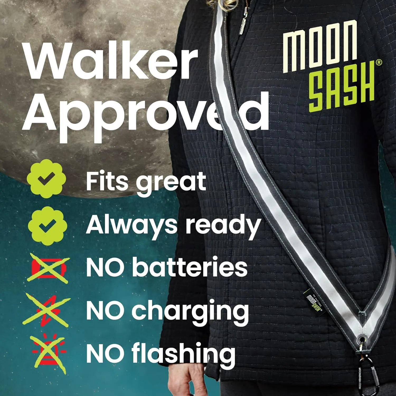 MOONSASH Reflective Sash for Walking at Night | USA-Made | Fitted, Reversible   Patented Night Walking Safety Gear | Perfect Belt/Reflective Vest for Women & Men Alternative | Essential Running Gear