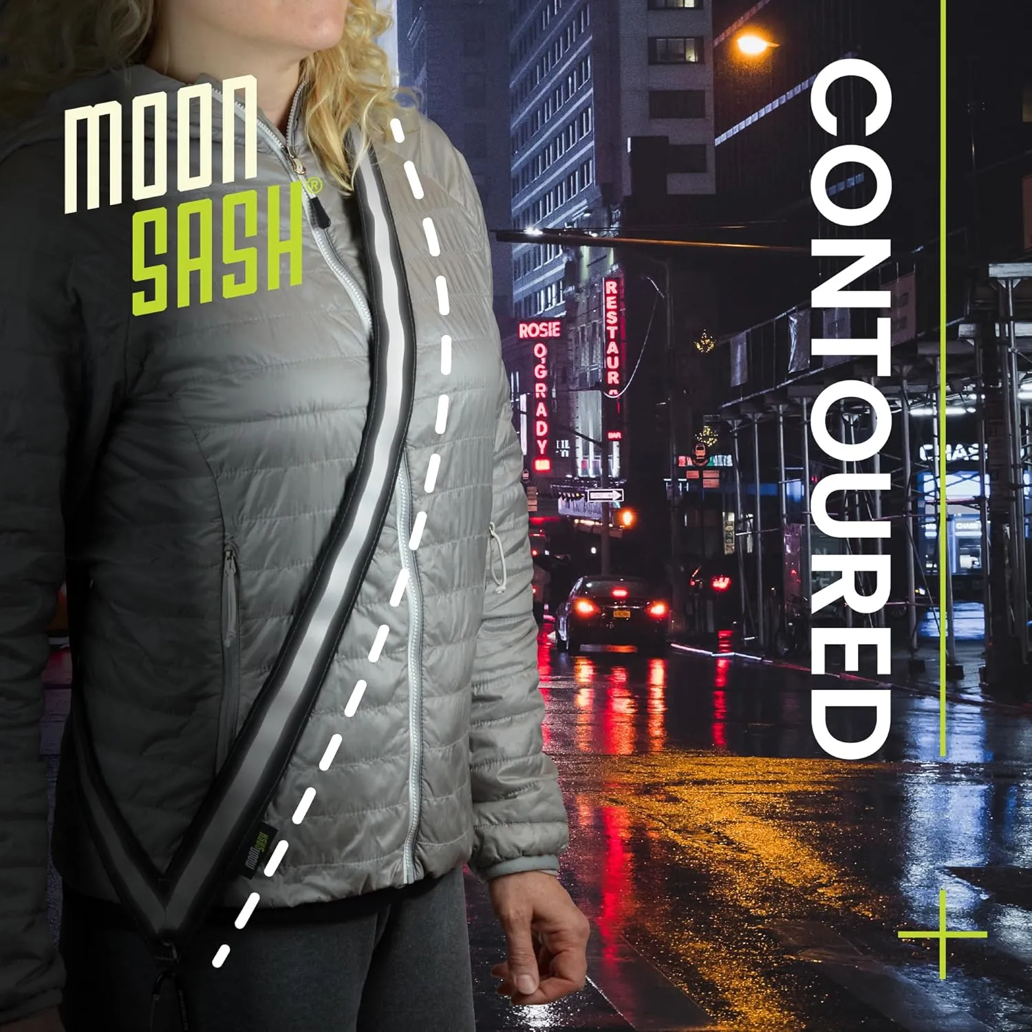 MOONSASH Reflective Sash for Walking at Night | USA-Made | Fitted, Reversible   Patented Night Walking Safety Gear | Perfect Belt/Reflective Vest for Women & Men Alternative | Essential Running Gear
