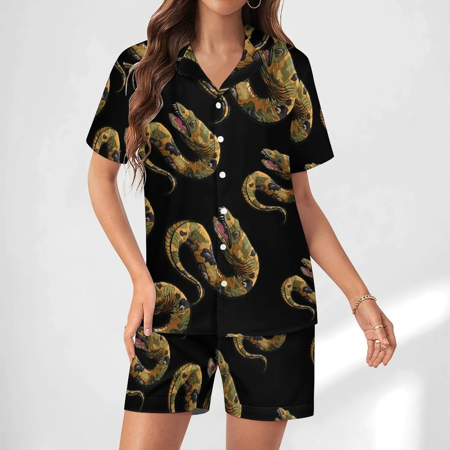 Moray Eel Camouflage Women's Satin Pajama Set Short Sleeve Button Down Sleepwear Loungewear Pj Set