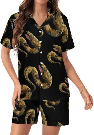 Moray Eel Camouflage Women's Satin Pajama Set Short Sleeve Button Down Sleepwear Loungewear Pj Set