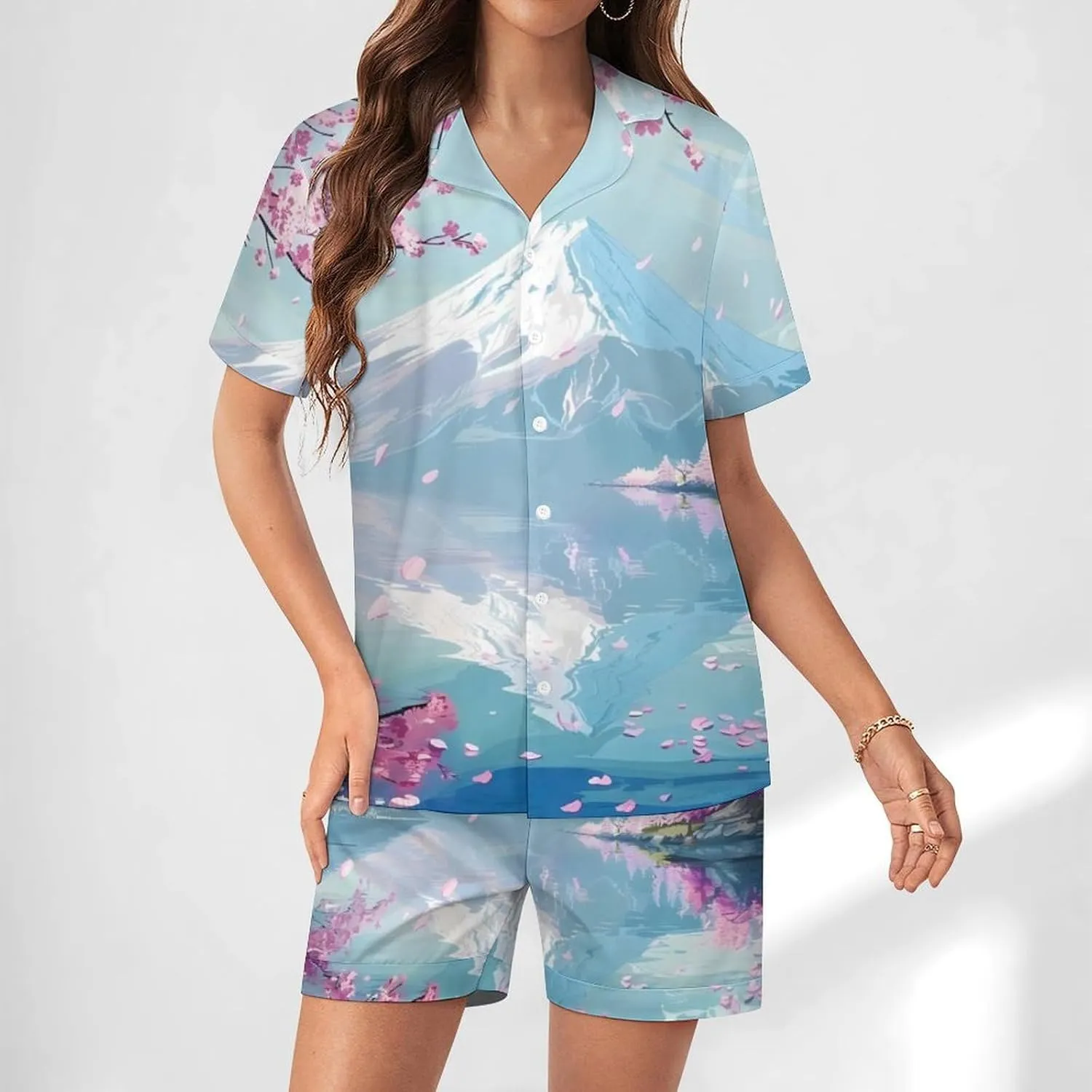 Mount Fuji Cherry Flowers Women's Satin Pajama Set Short Sleeve Button Down Sleepwear Loungewear Pj Set