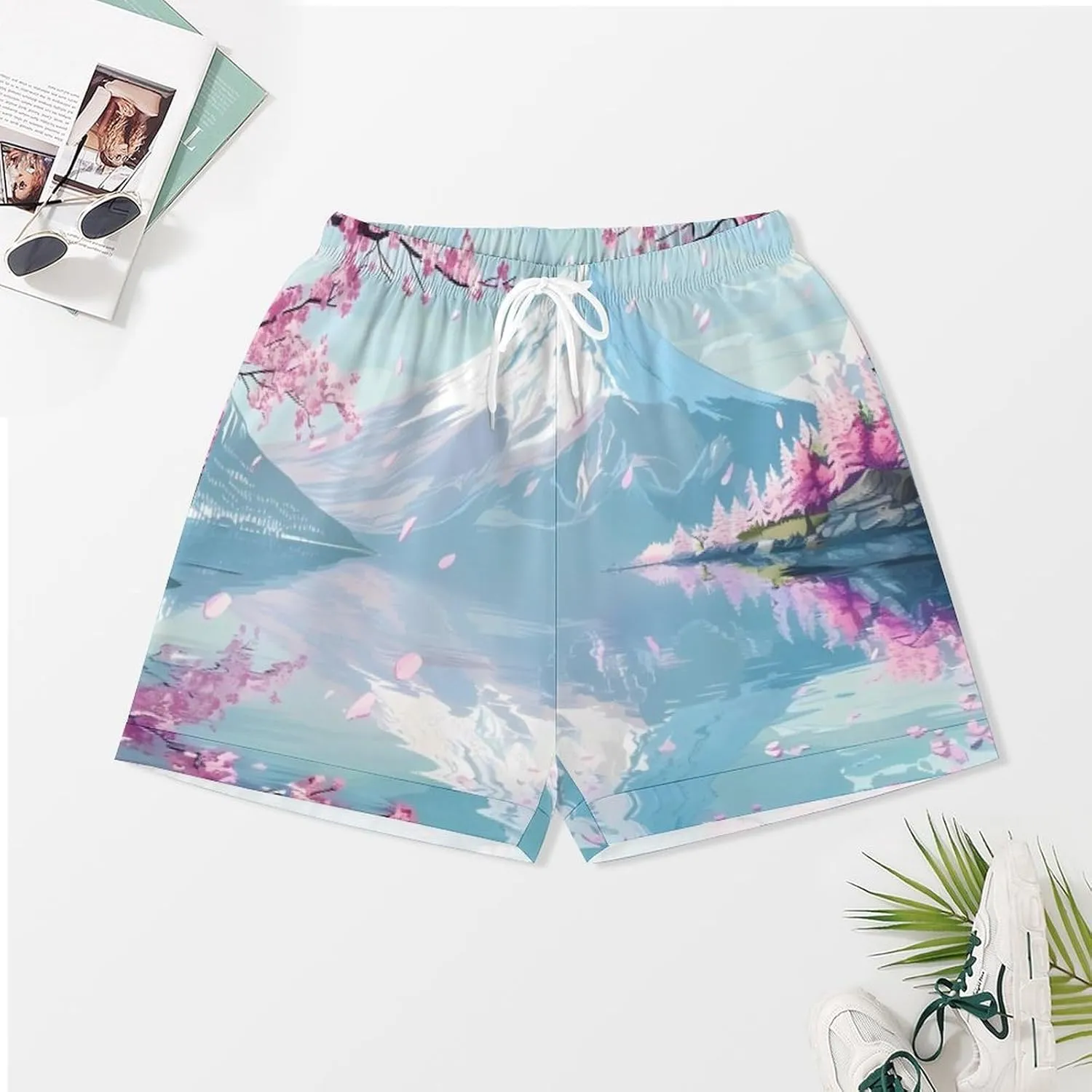Mount Fuji Cherry Flowers Women's Satin Pajama Set Short Sleeve Button Down Sleepwear Loungewear Pj Set