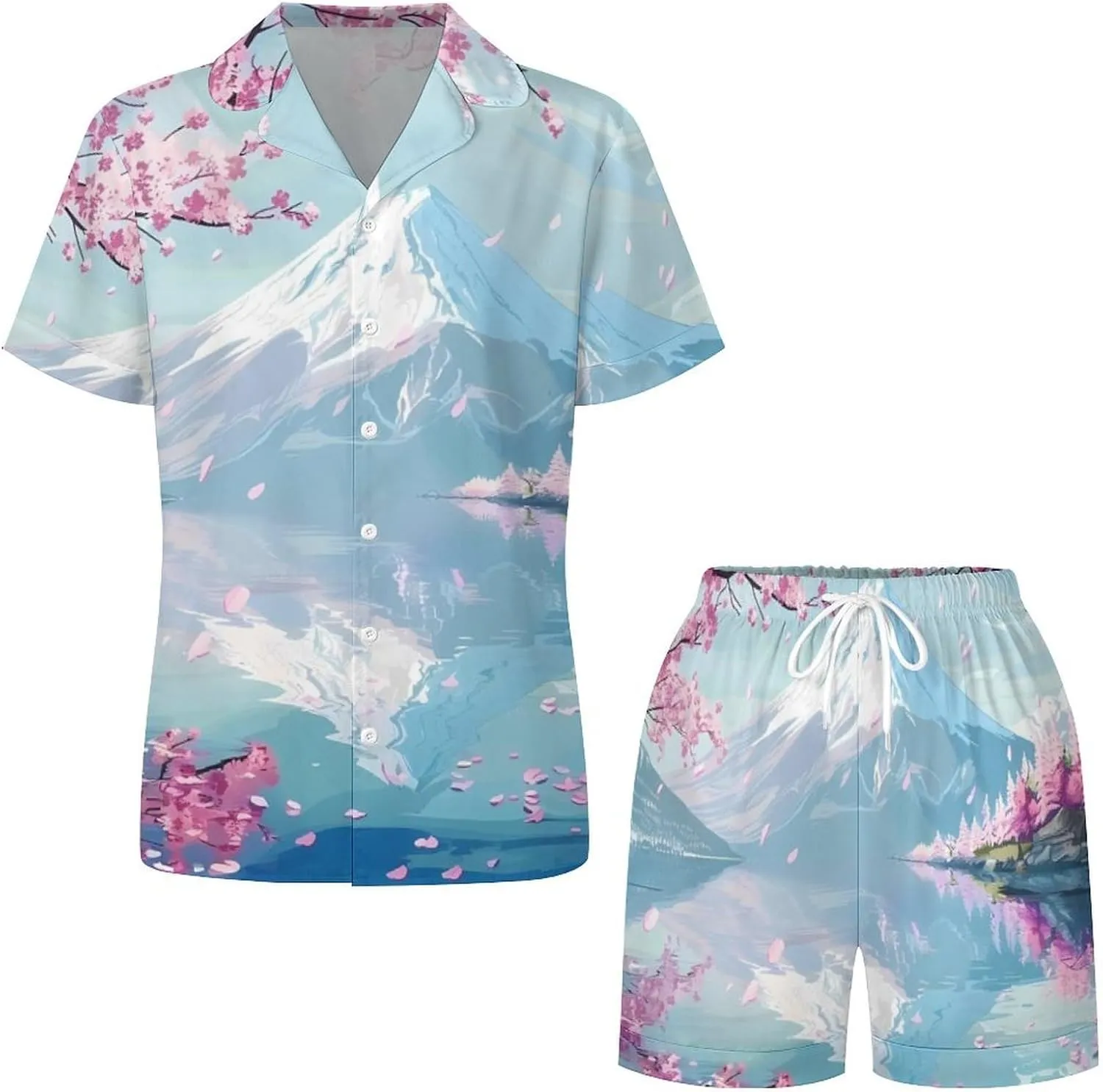 Mount Fuji Cherry Flowers Women's Satin Pajama Set Short Sleeve Button Down Sleepwear Loungewear Pj Set