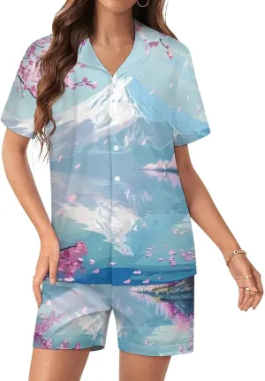 Mount Fuji Cherry Flowers Women's Satin Pajama Set Short Sleeve Button Down Sleepwear Loungewear Pj Set