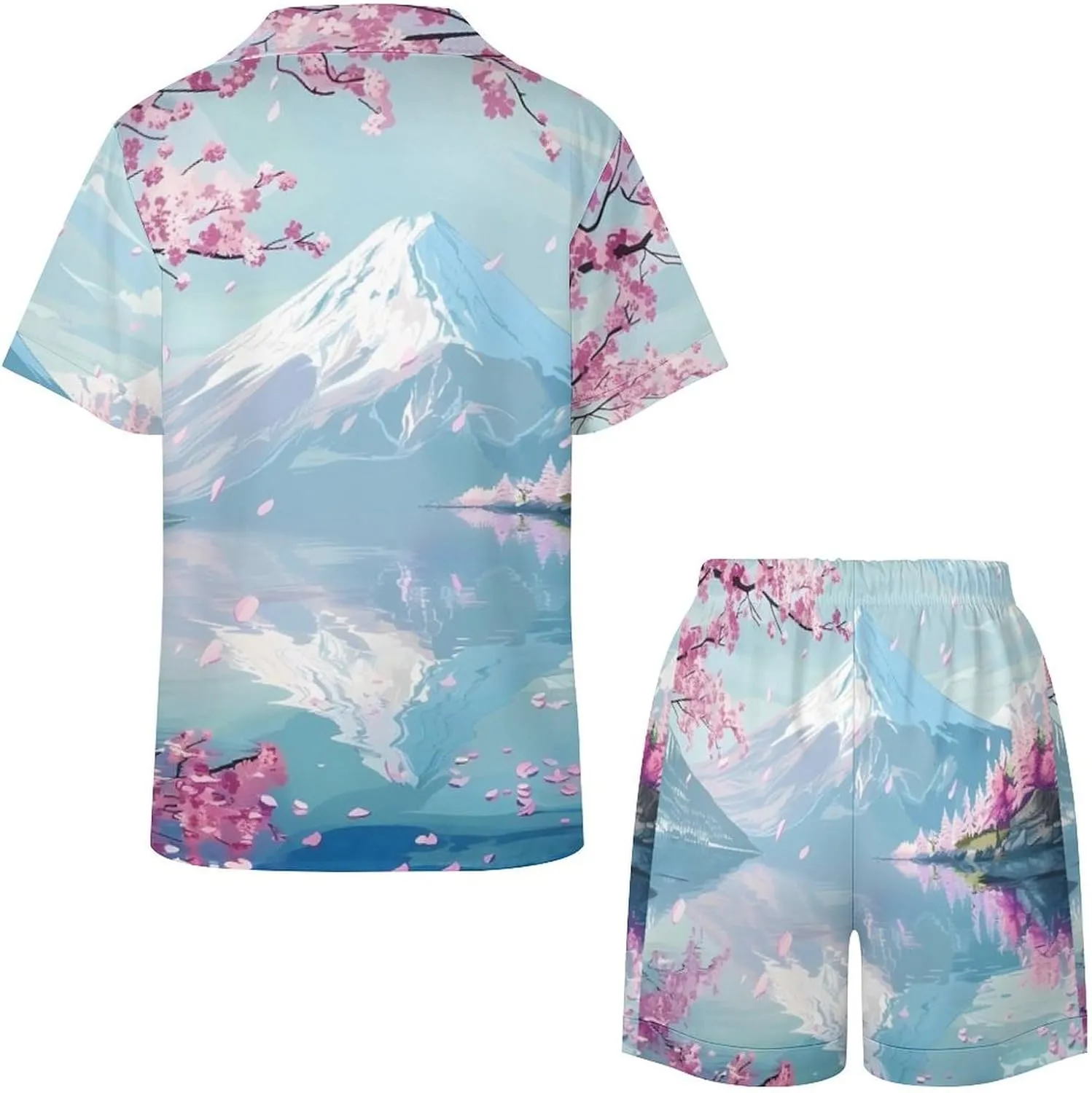 Mount Fuji Cherry Flowers Women's Satin Pajama Set Short Sleeve Button Down Sleepwear Loungewear Pj Set