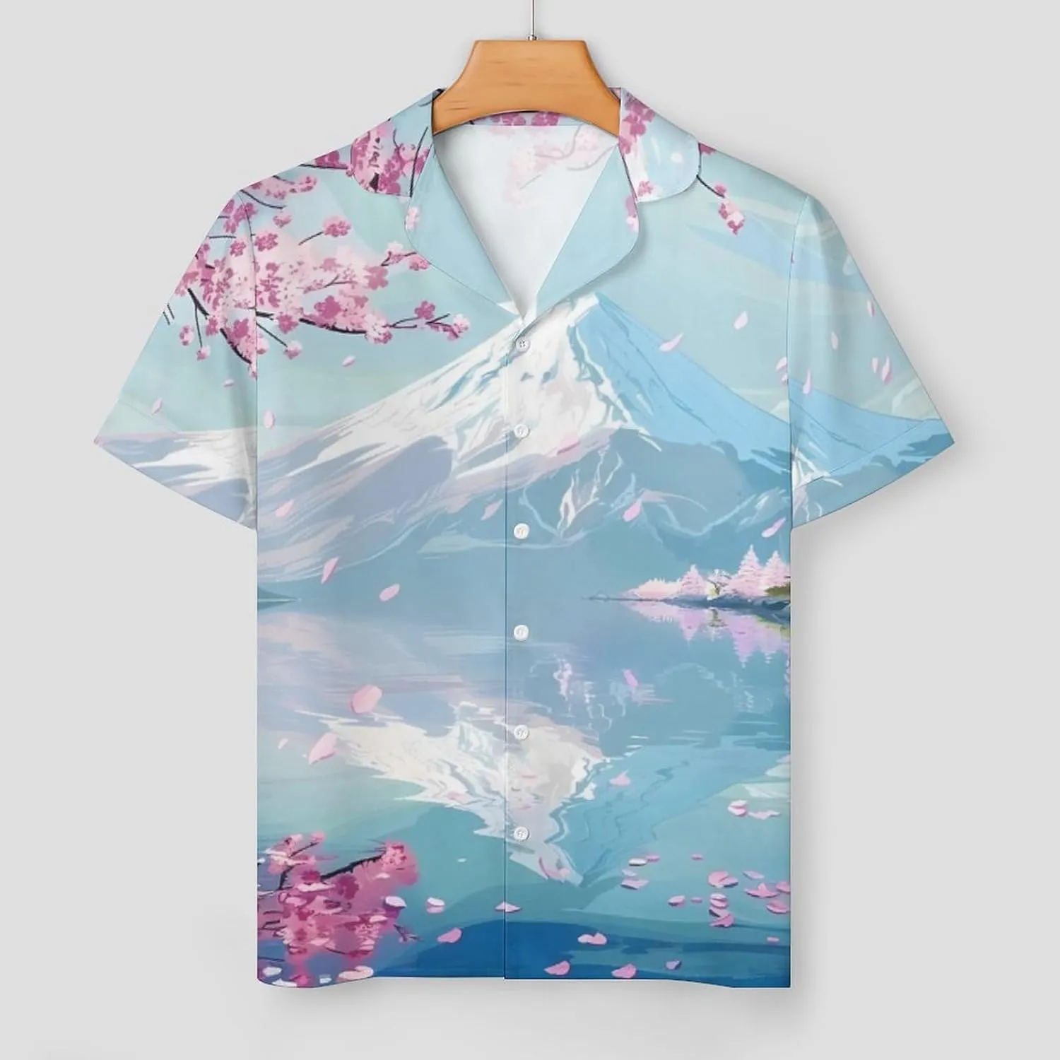 Mount Fuji Cherry Flowers Women's Satin Pajama Set Short Sleeve Button Down Sleepwear Loungewear Pj Set