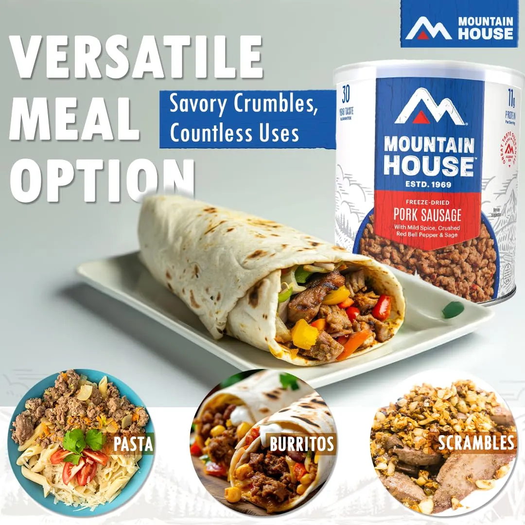 Mountain House Freeze Dried Pork Sausage 25 Servings Per Container Ready to Eat Gluten Free Meal Prep, Emergency Food, Camping & Survival Meals 30 Year Taste Guarantee Made in USA Pack of 6