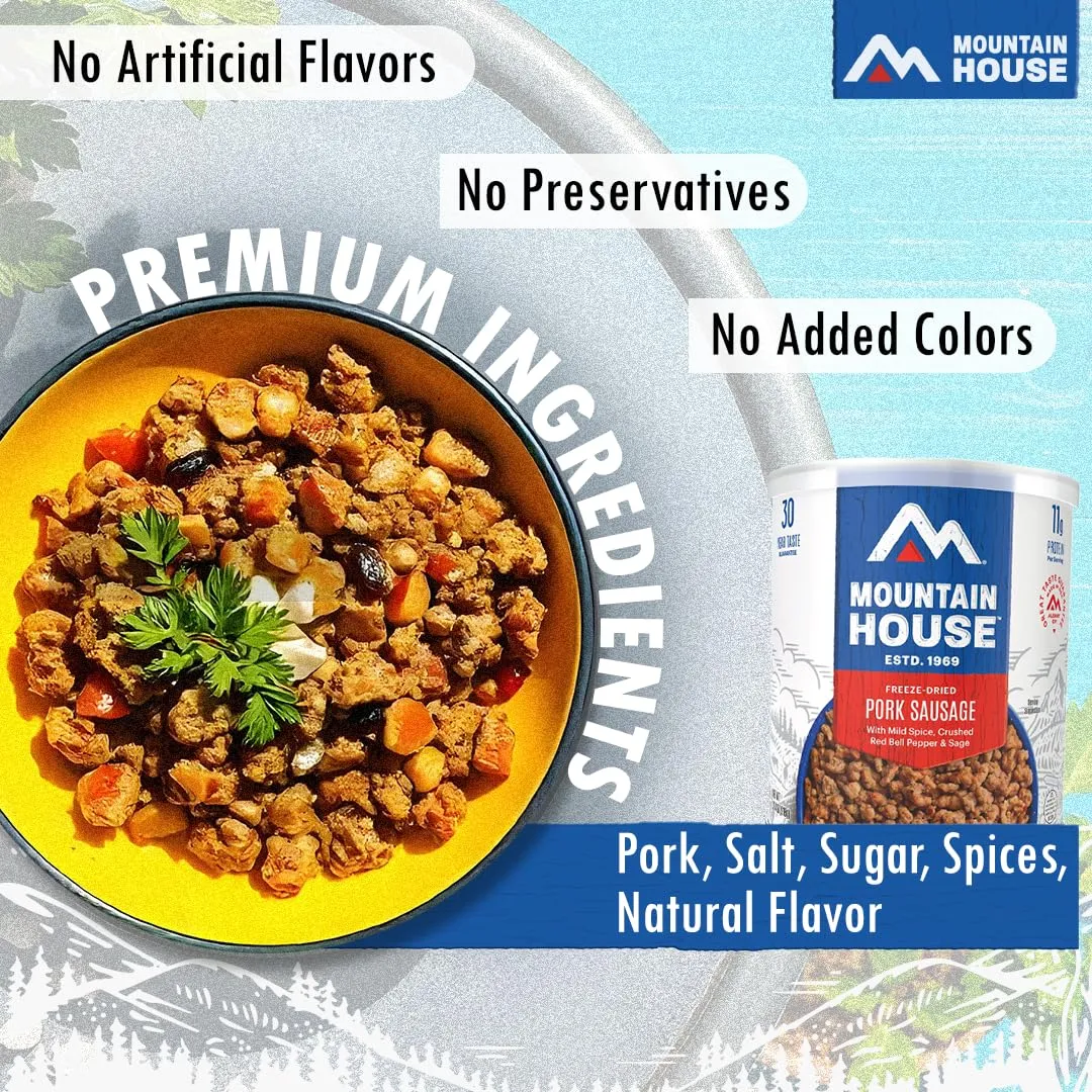 Mountain House Freeze Dried Pork Sausage 25 Servings Per Container Ready to Eat Gluten Free Meal Prep, Emergency Food, Camping & Survival Meals 30 Year Taste Guarantee Made in USA Pack of 6