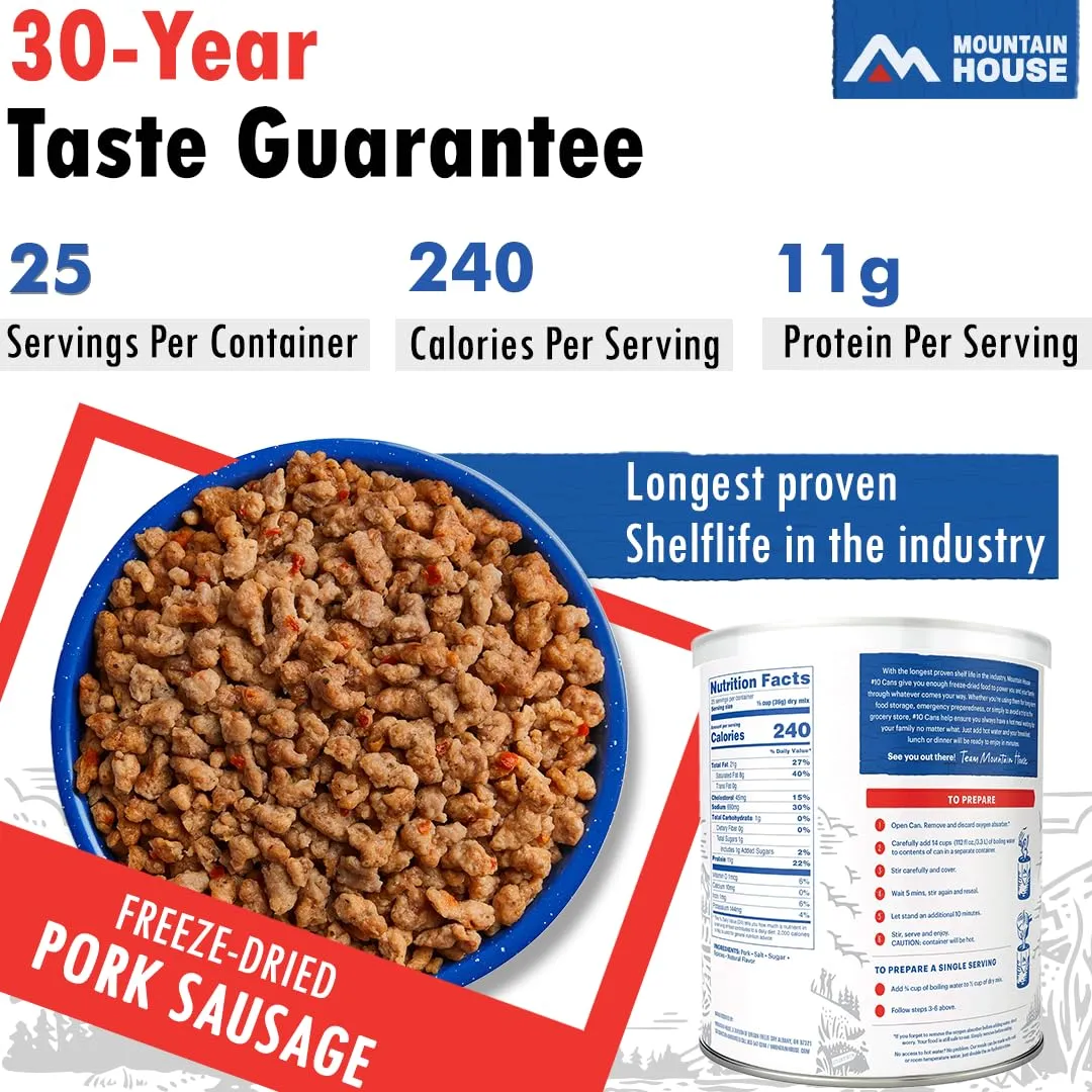 Mountain House Freeze Dried Pork Sausage 25 Servings Per Container Ready to Eat Gluten Free Meal Prep, Emergency Food, Camping & Survival Meals 30 Year Taste Guarantee Made in USA Pack of 6