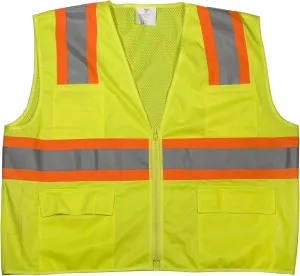 Mutual High Visibility Polyester ANSI Class 2 Surveyor Safety Vest with Pouch Pockets and 4" Silver/Orange Reflective Tape