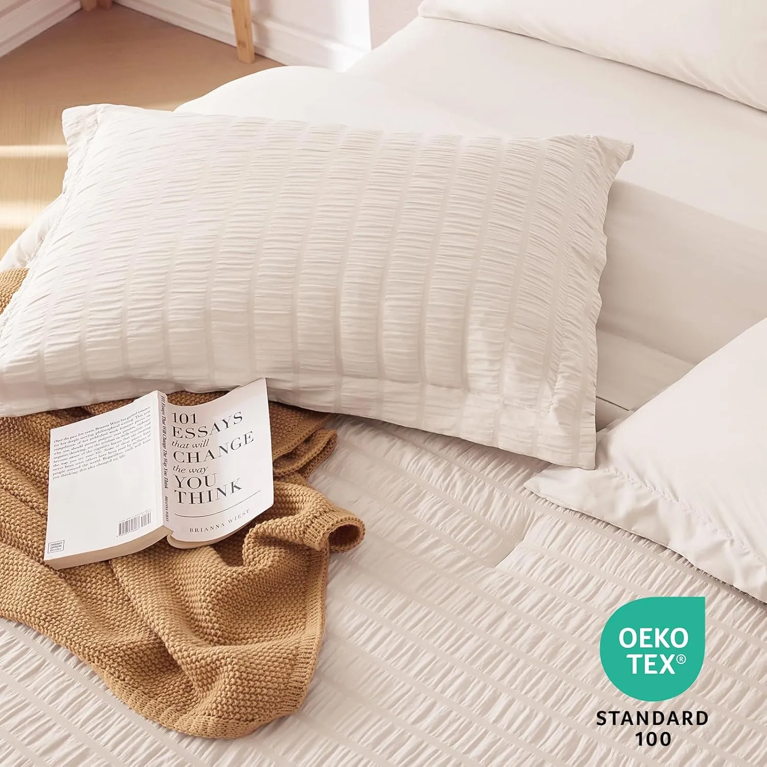 MUXHOMO 7 Pieces California King Comforter Set, Seersucker Bed in a Bag Cal King Size, All Season Luxury Bedding Set with Comforter, Flat Sheet, Fitted Sheet, Pillowcases & Shams, Beige