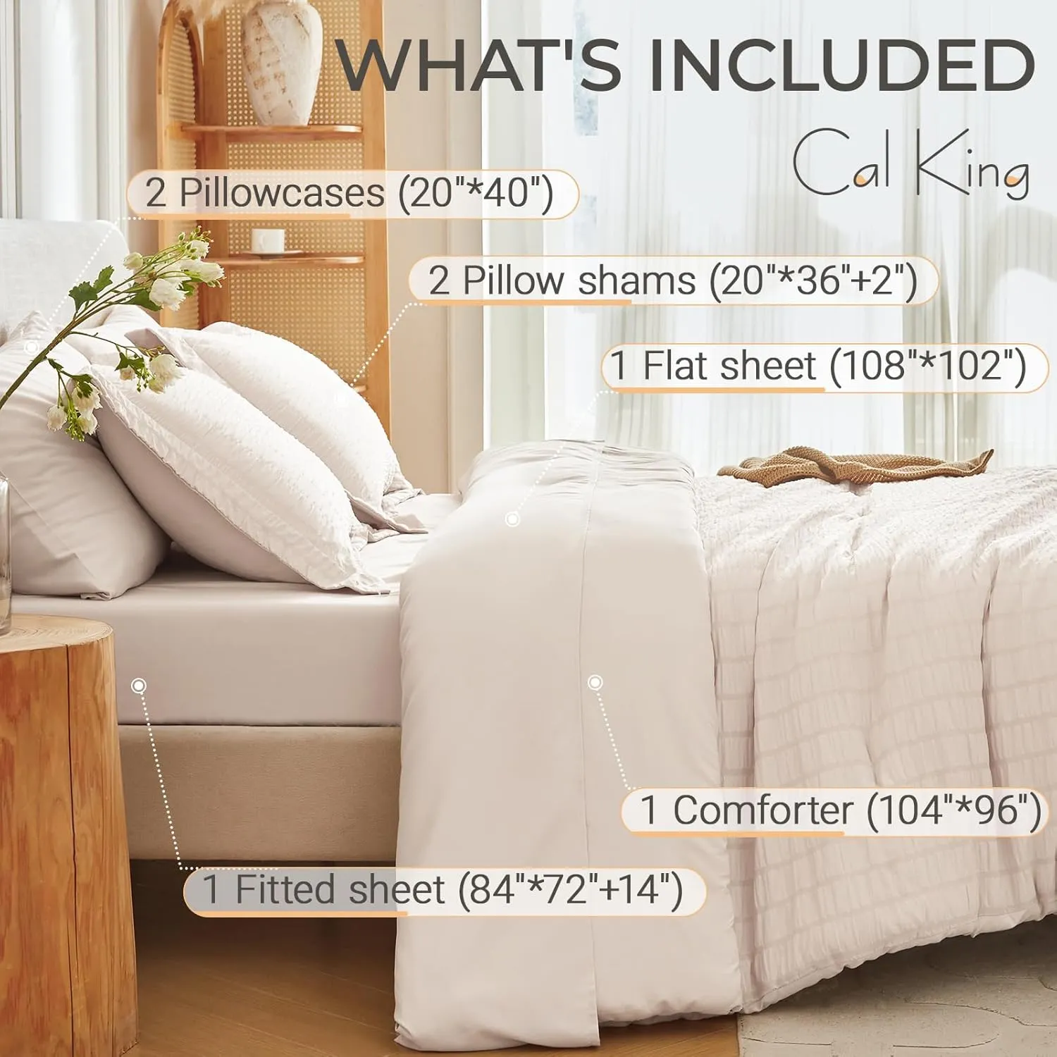 MUXHOMO 7 Pieces California King Comforter Set, Seersucker Bed in a Bag Cal King Size, All Season Luxury Bedding Set with Comforter, Flat Sheet, Fitted Sheet, Pillowcases & Shams, Beige