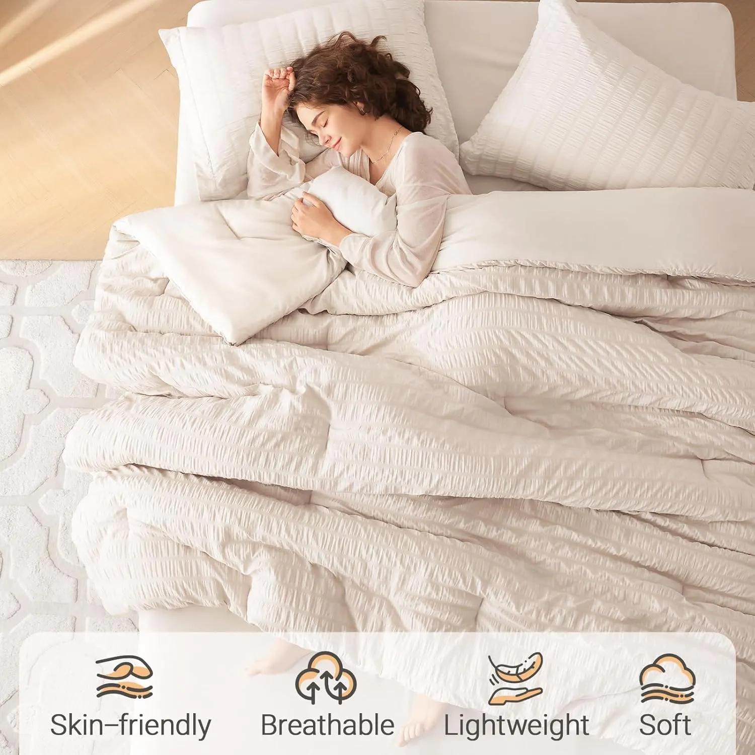 MUXHOMO 7 Pieces California King Comforter Set, Seersucker Bed in a Bag Cal King Size, All Season Luxury Bedding Set with Comforter, Flat Sheet, Fitted Sheet, Pillowcases & Shams, Beige