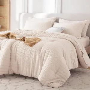 MUXHOMO 7 Pieces California King Comforter Set, Seersucker Bed in a Bag Cal King Size, All Season Luxury Bedding Set with Comforter, Flat Sheet, Fitted Sheet, Pillowcases & Shams, Beige
