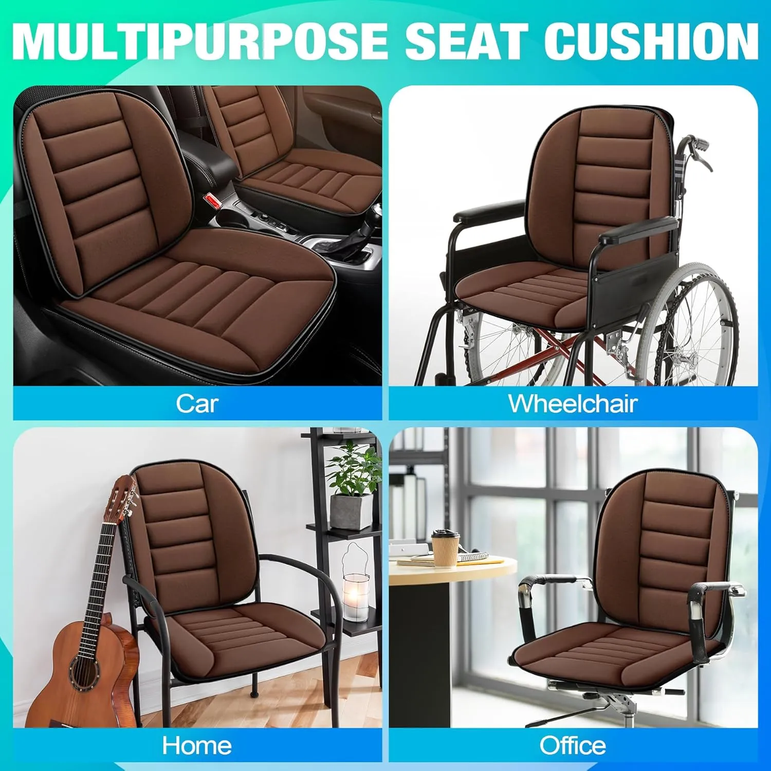 MYFAMIREA Car Seat Cushion and Lumbar Support Pillow 1.2'' Thick Memory Foam Desk Chair Cushion Back Support for Automotive Seat Driver, Travel, Leg and Back Pain Relief, Washable, Adjustable, Coffee