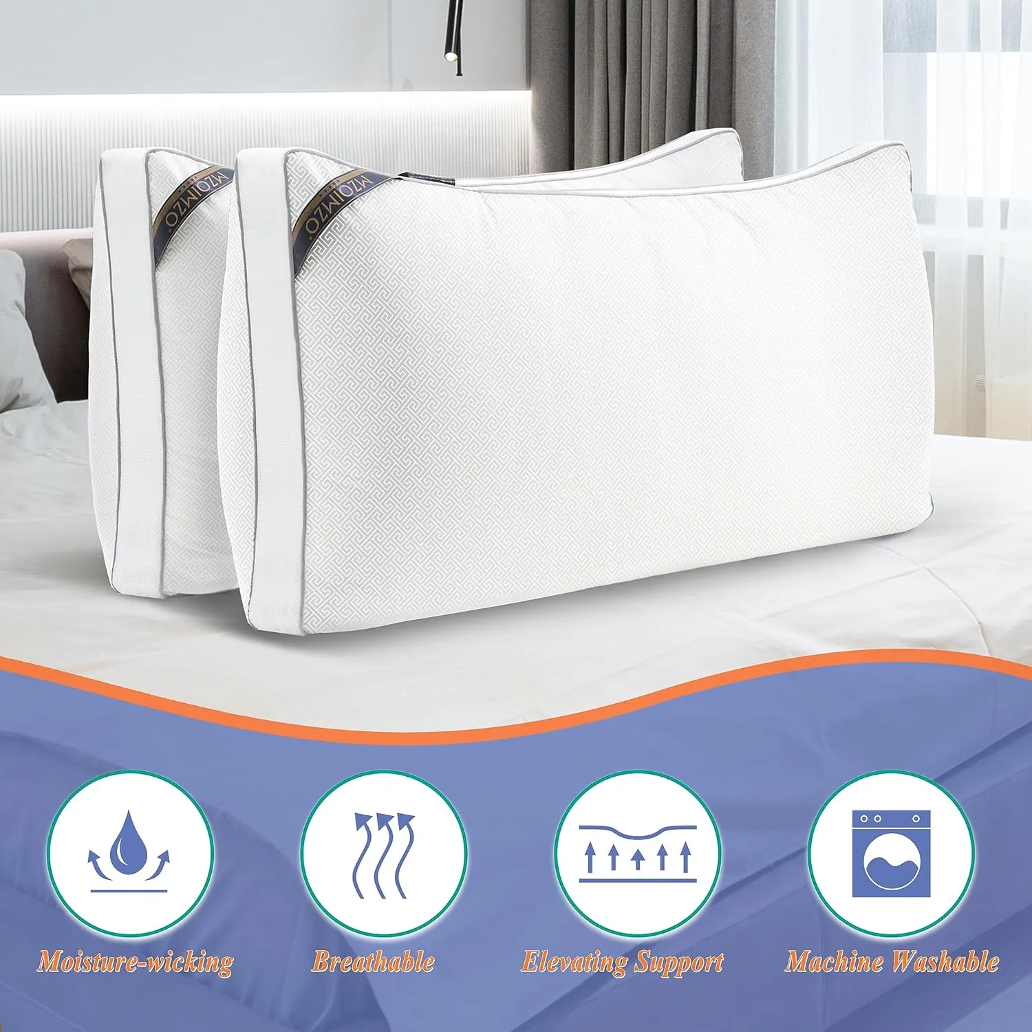 MZOIMZO Luxury Comfy Hotel Collection Bed Pillows for Sleeping- Firm King Size Set of 2, Gusseted Cooling Side Mesh Design with Premium Down Alternative Filling for Back, Stomach or Side Sleepers