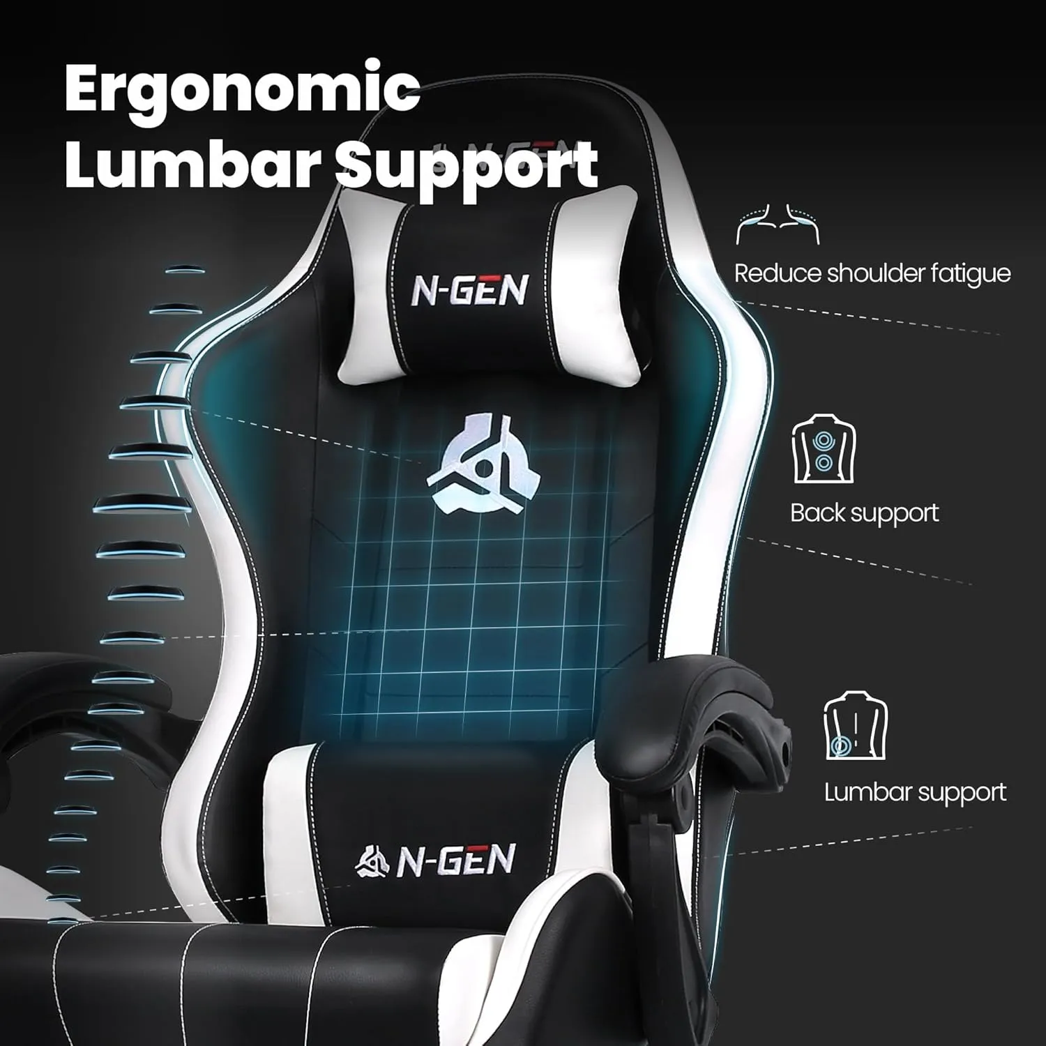 N-GEN GAMING Video Gaming Chair with Footrest High Back Ergonomic Comfortable Office Computer Desk with Lumbar Support Height Adjustable with PU Leather Recliner for Adults Women Men (White)