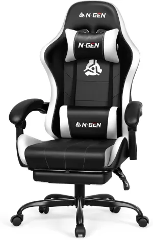 N-GEN GAMING Video Gaming Chair with Footrest High Back Ergonomic Comfortable Office Computer Desk with Lumbar Support Height Adjustable with PU Leather Recliner for Adults Women Men (White)