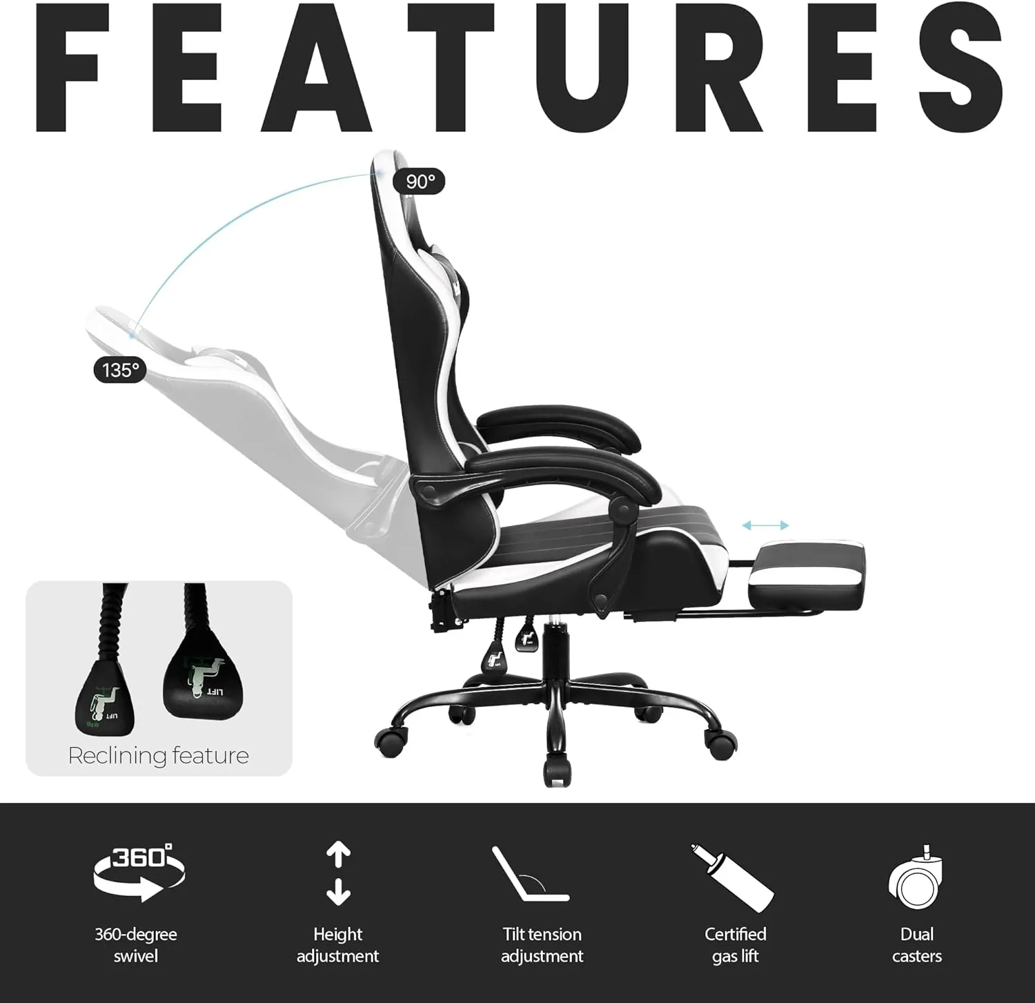 N-GEN GAMING Video Gaming Chair with Footrest High Back Ergonomic Comfortable Office Computer Desk with Lumbar Support Height Adjustable with PU Leather Recliner for Adults Women Men (White)