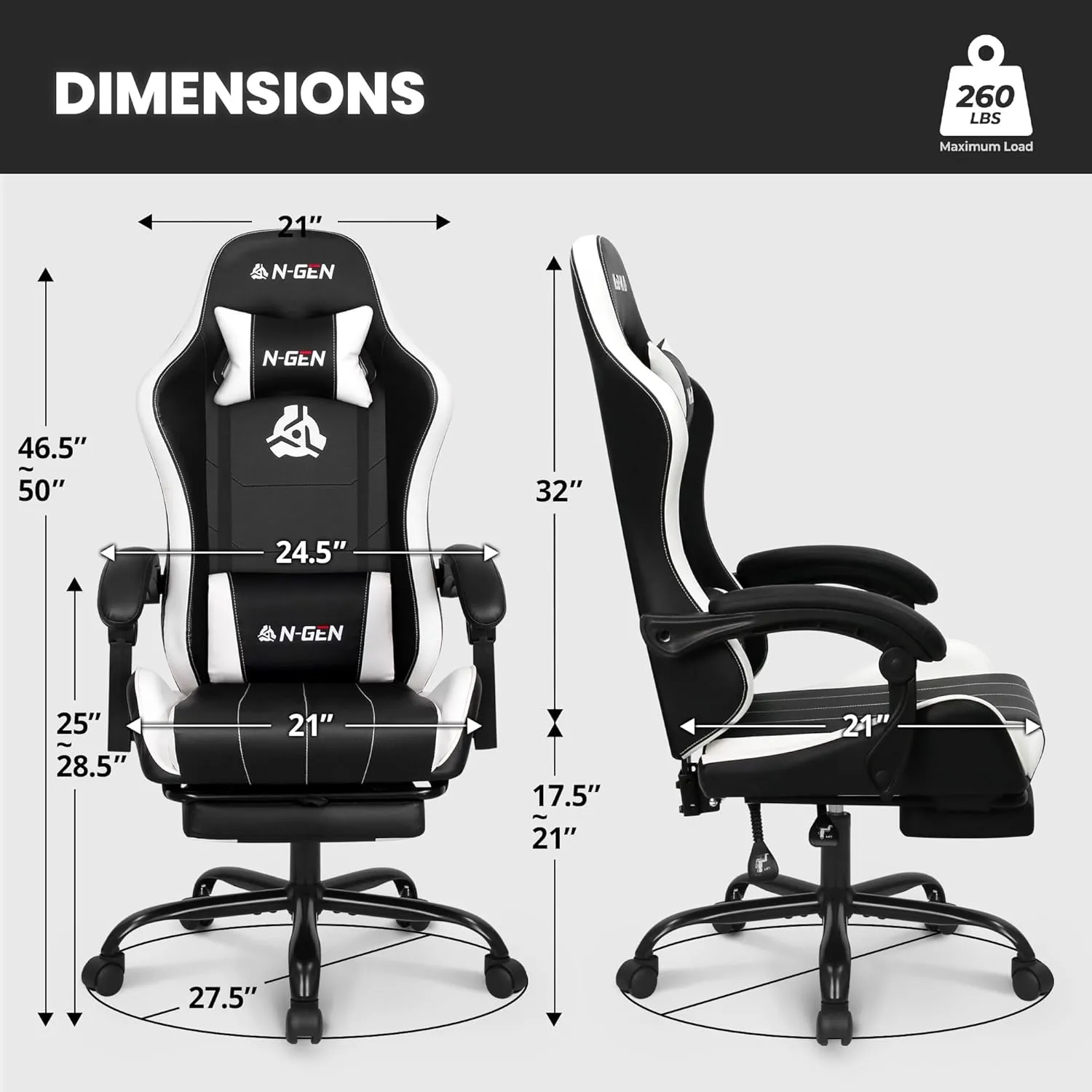 N-GEN GAMING Video Gaming Chair with Footrest High Back Ergonomic Comfortable Office Computer Desk with Lumbar Support Height Adjustable with PU Leather Recliner for Adults Women Men (White)