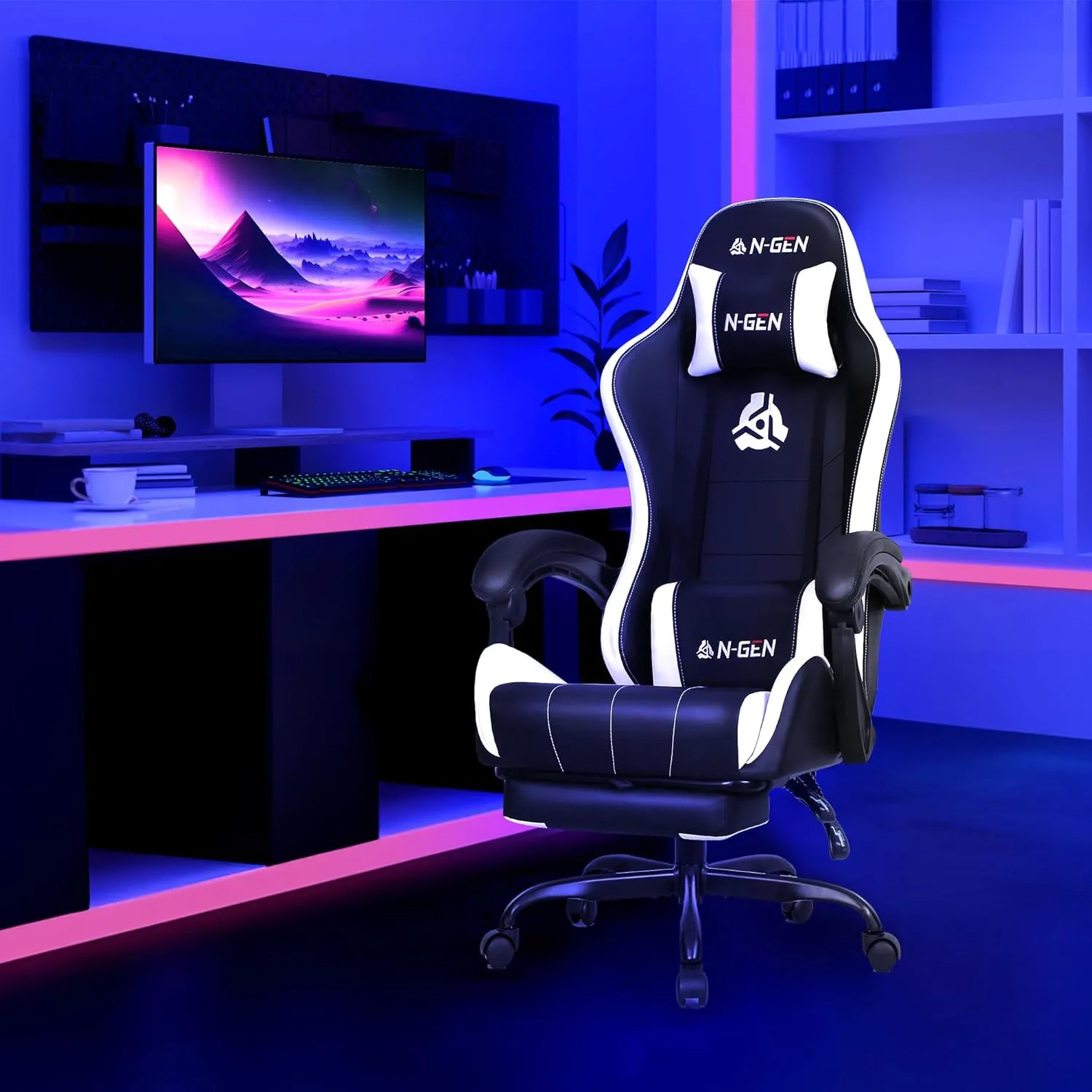 N-GEN GAMING Video Gaming Chair with Footrest High Back Ergonomic Comfortable Office Computer Desk with Lumbar Support Height Adjustable with PU Leather Recliner for Adults Women Men (White)