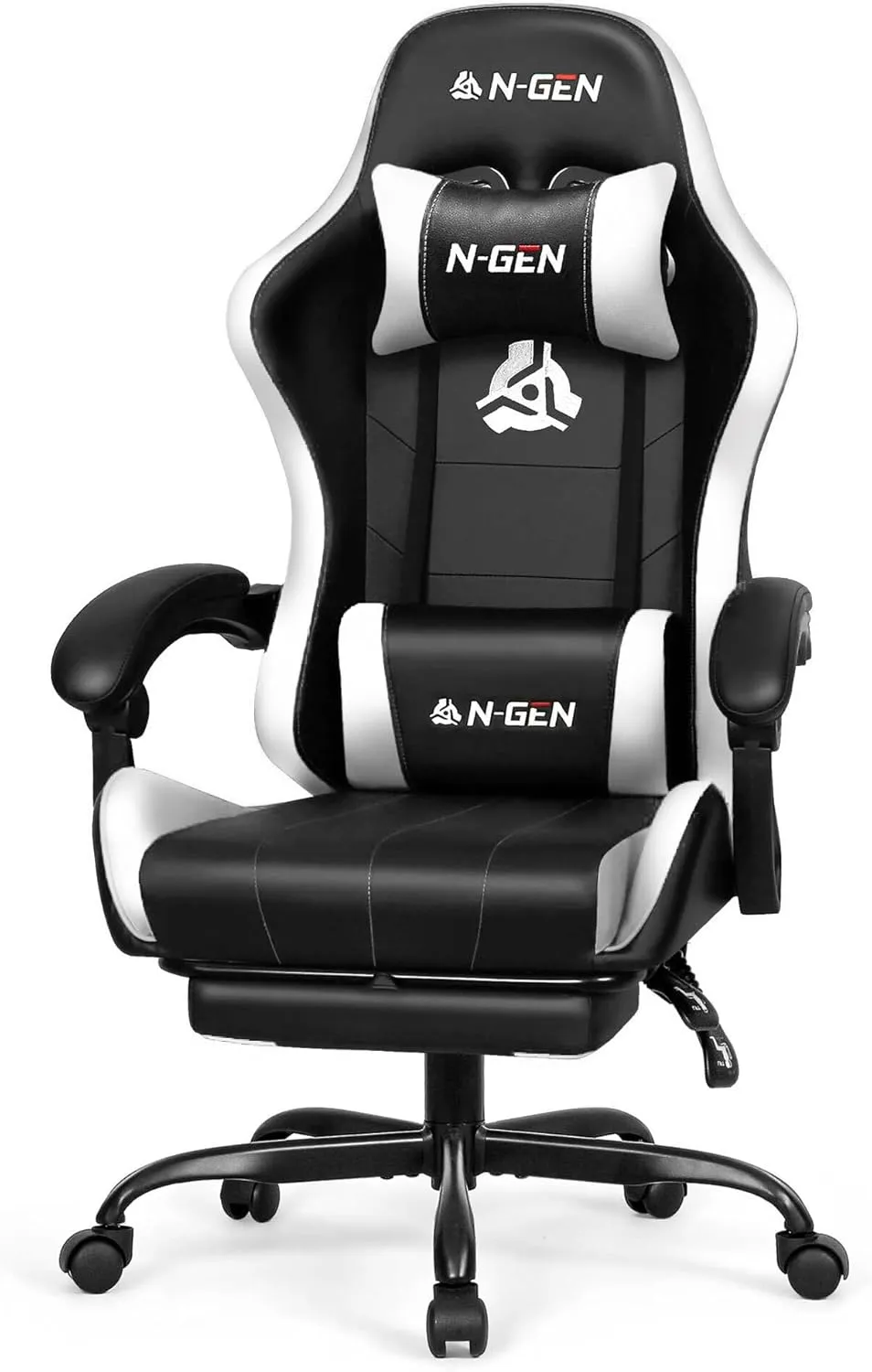 N-GEN GAMING Video Gaming Chair with Footrest High Back Ergonomic Comfortable Office Computer Desk with Lumbar Support Height Adjustable with PU Leather Recliner for Adults Women Men (White)
