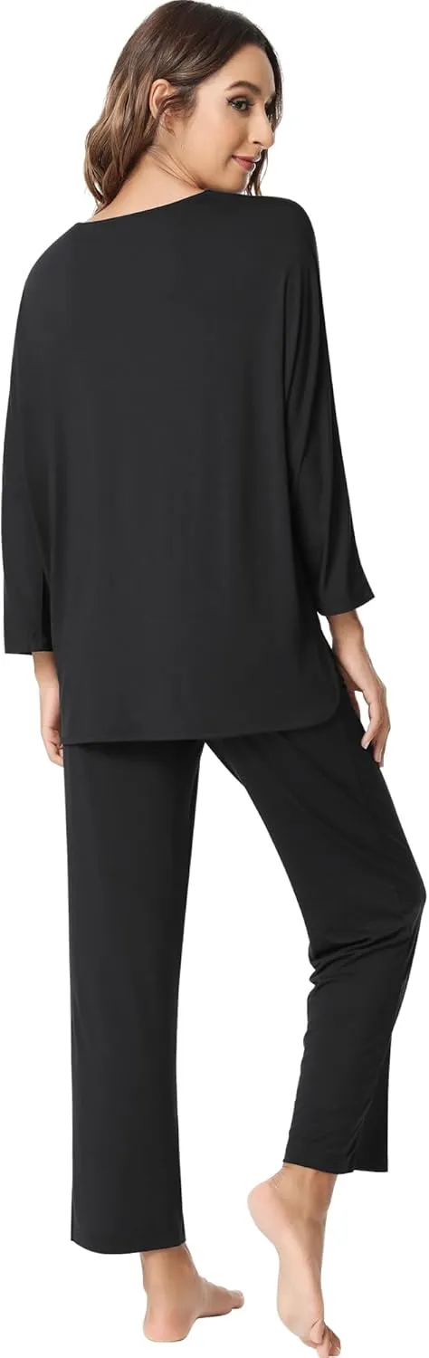 NACHILA Women's Pajamas -Viscose Made from Bamboo, Long Sleeve Pajama Set Soft Pants Sleepwear Crew Neck Pj with Pockets