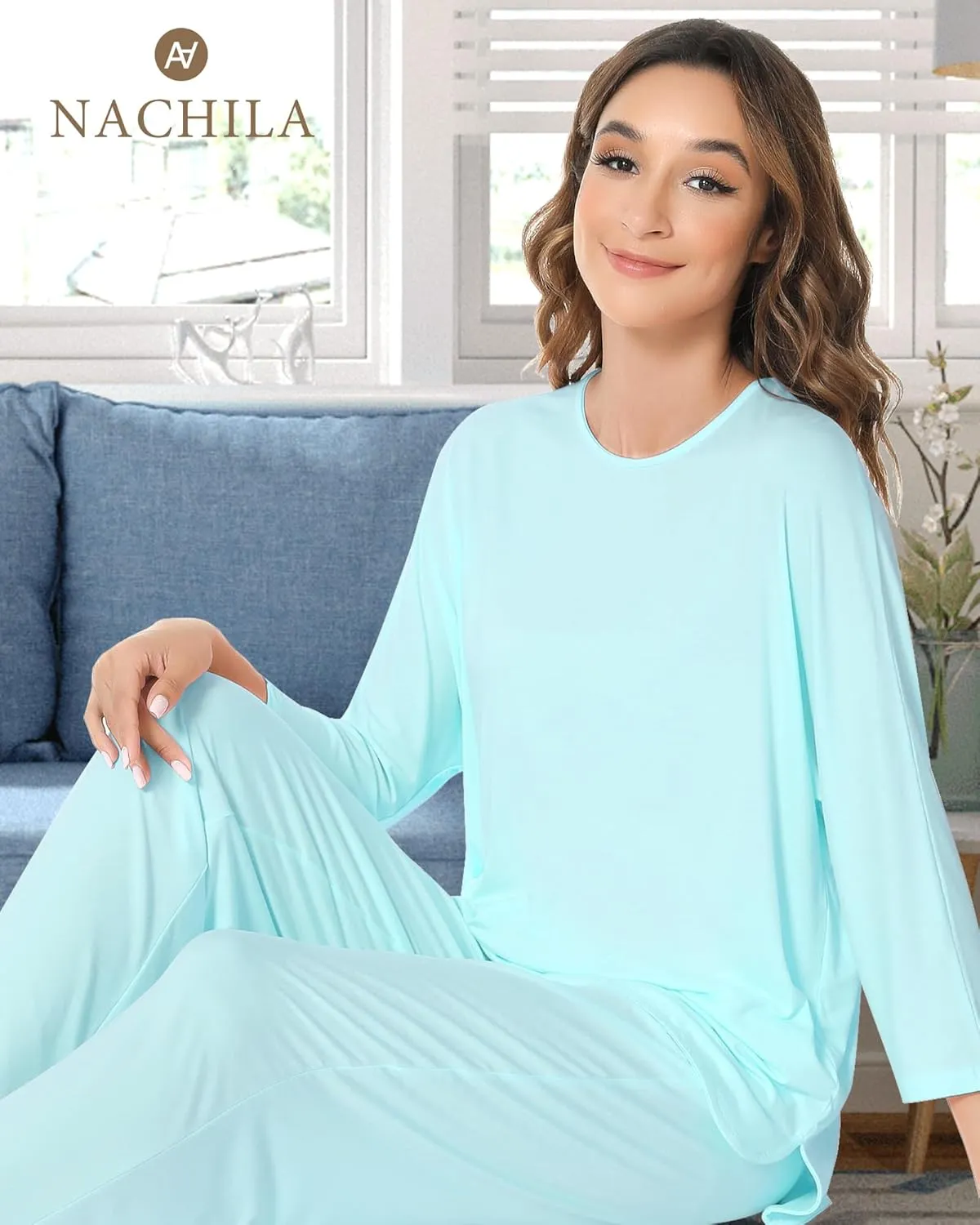 NACHILA Women's Pajamas -Viscose Made from Bamboo, Long Sleeve Pajama Set Soft Pants Sleepwear Crew Neck Pj with Pockets