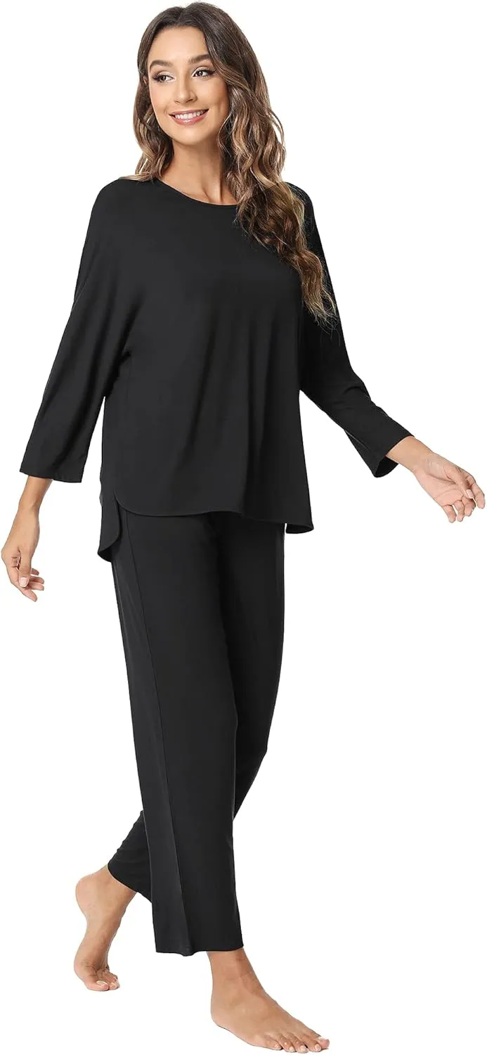 NACHILA Women's Pajamas -Viscose Made from Bamboo, Long Sleeve Pajama Set Soft Pants Sleepwear Crew Neck Pj with Pockets
