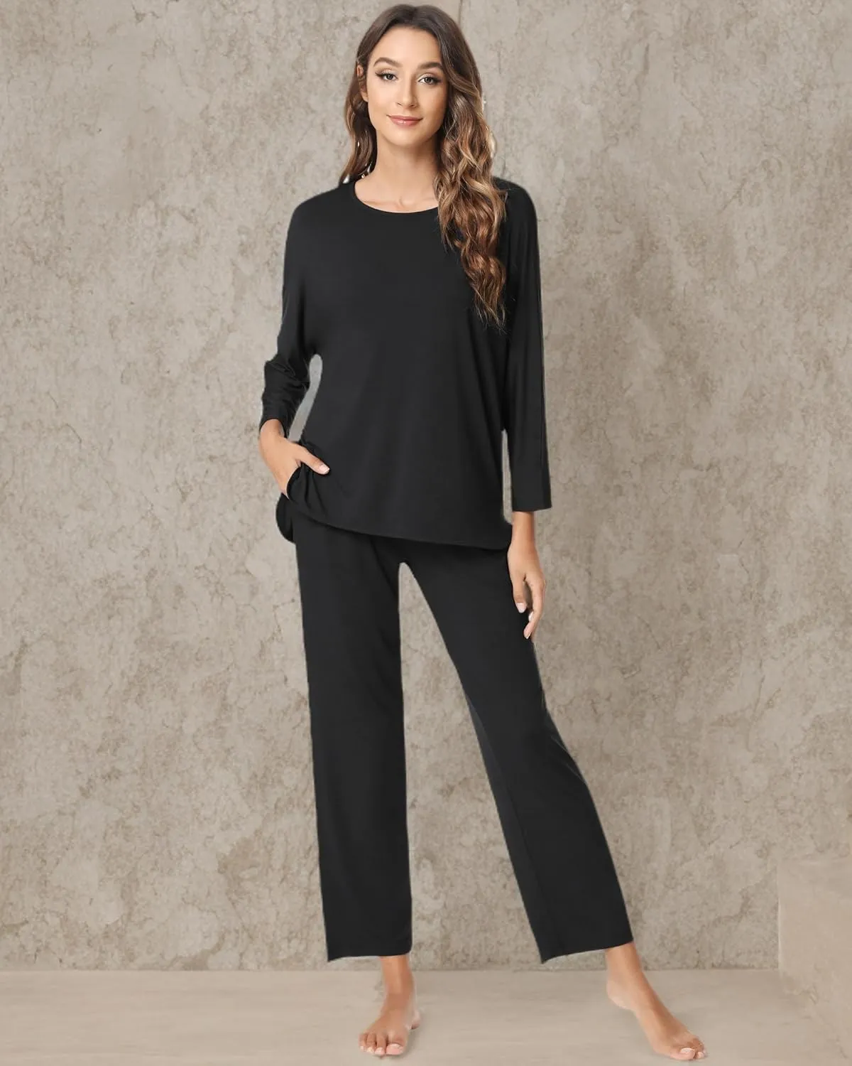 NACHILA Women's Pajamas -Viscose Made from Bamboo, Long Sleeve Pajama Set Soft Pants Sleepwear Crew Neck Pj with Pockets